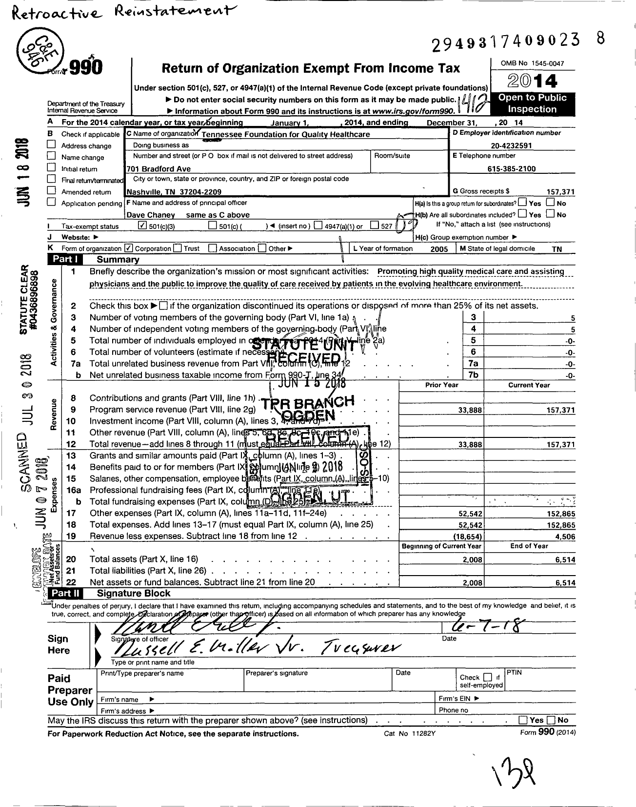 Image of first page of 2014 Form 990 for Tennessee Foundation for Quality Patient Healthcare