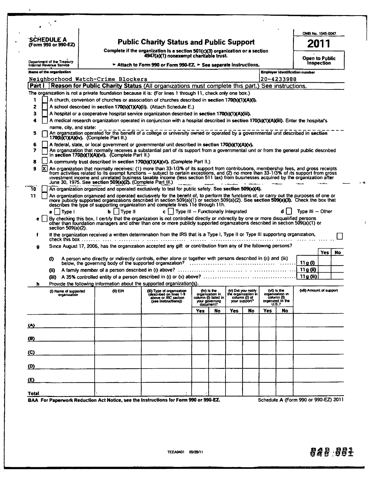 Image of first page of 2011 Form 990ER for Columbia Neighborhood Watch