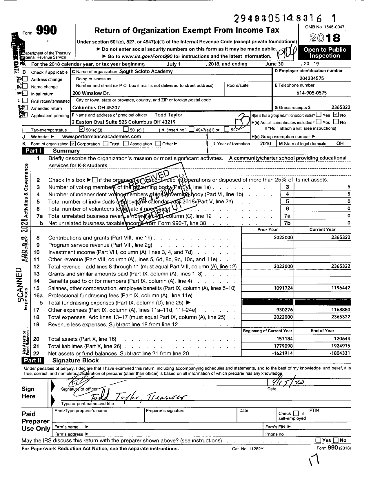 Image of first page of 2018 Form 990 for South Scioto Performance Academy