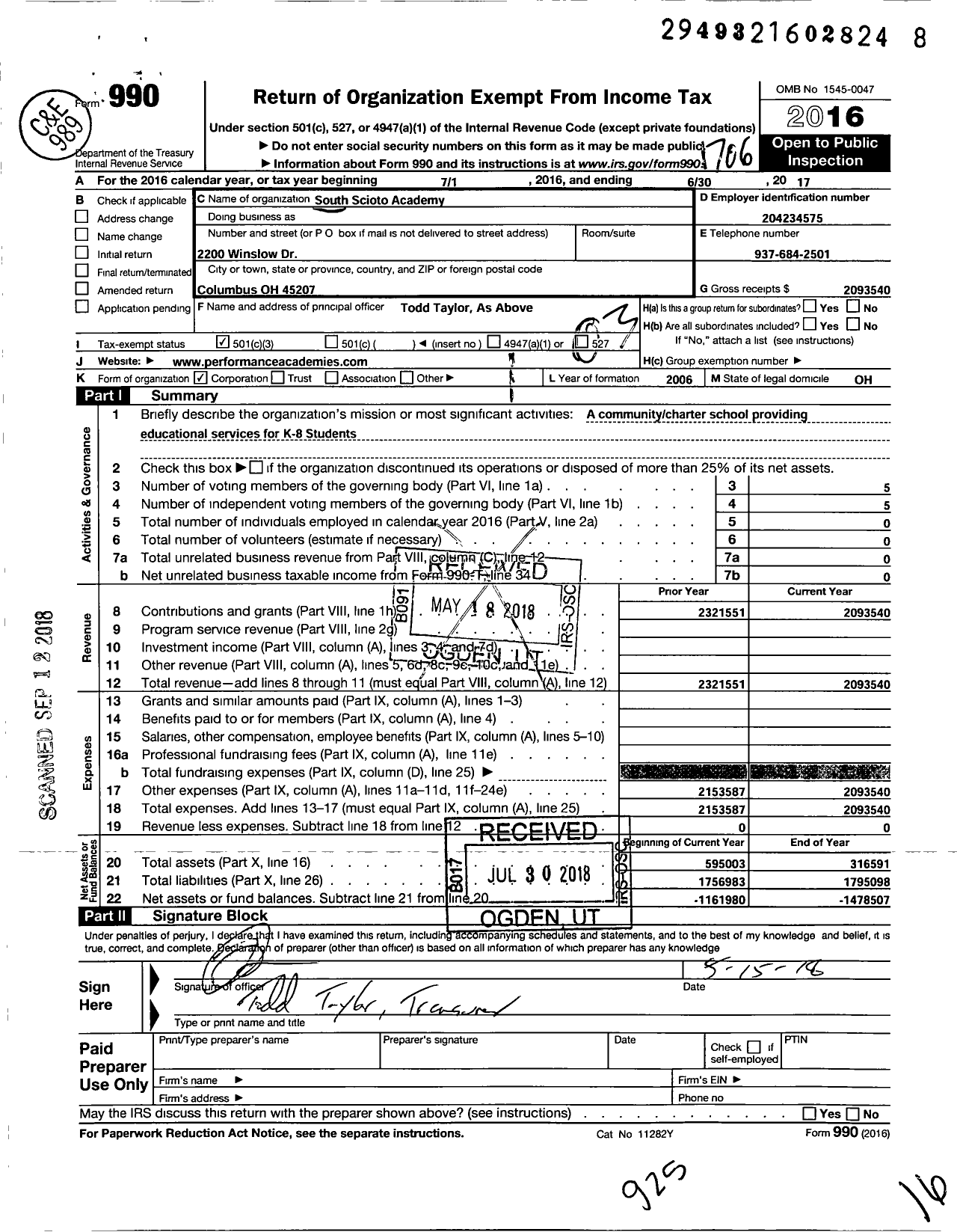 Image of first page of 2016 Form 990 for South Scioto Performance Academy