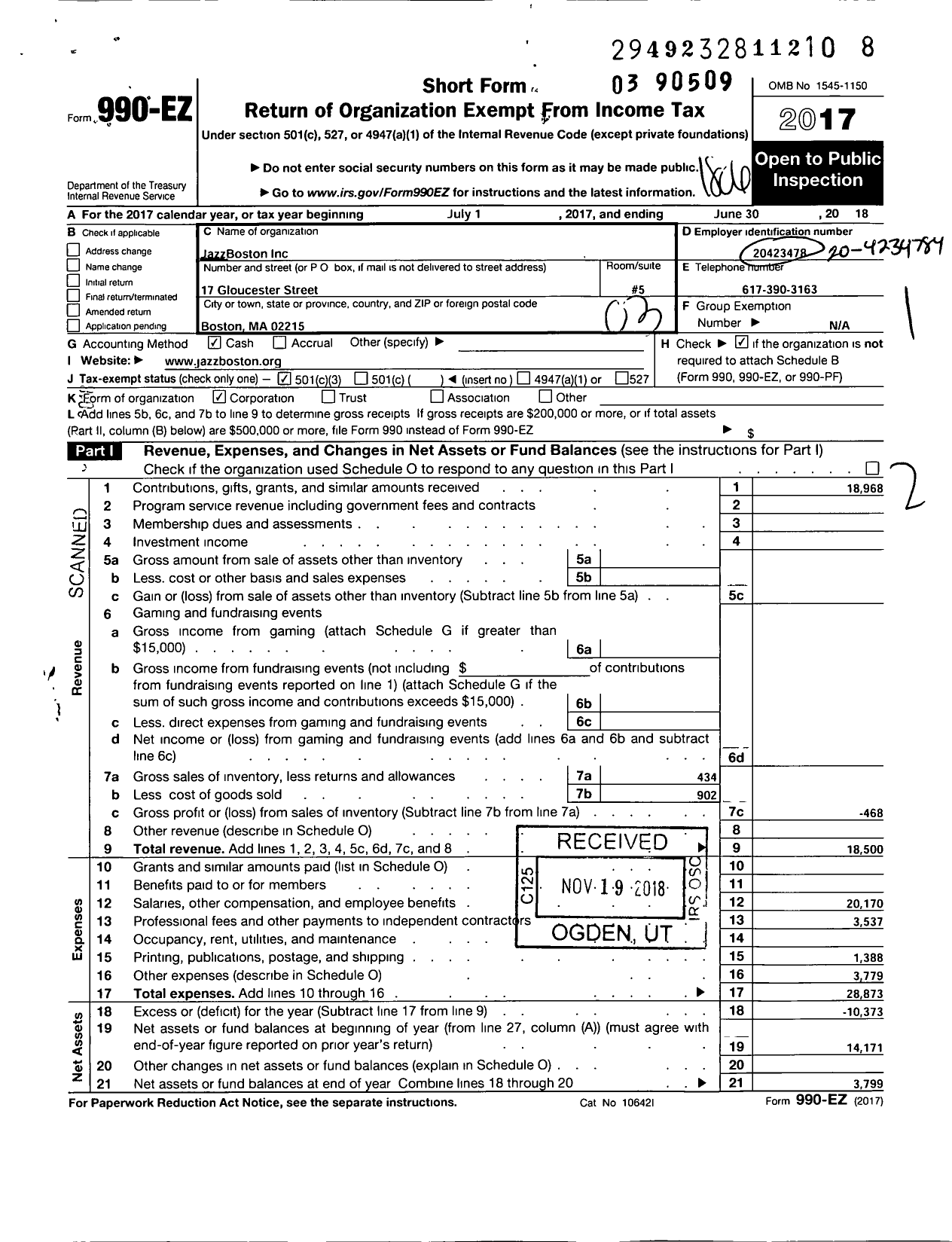 Image of first page of 2017 Form 990EZ for JazzBoston