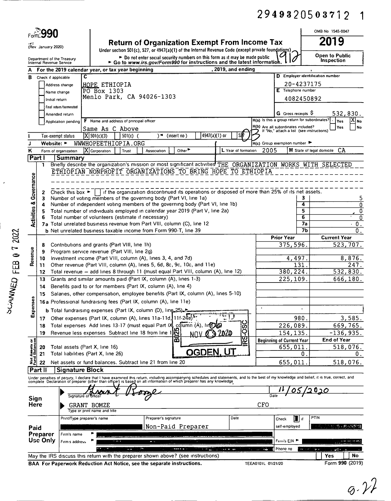 Image of first page of 2019 Form 990 for Hopeethiopia