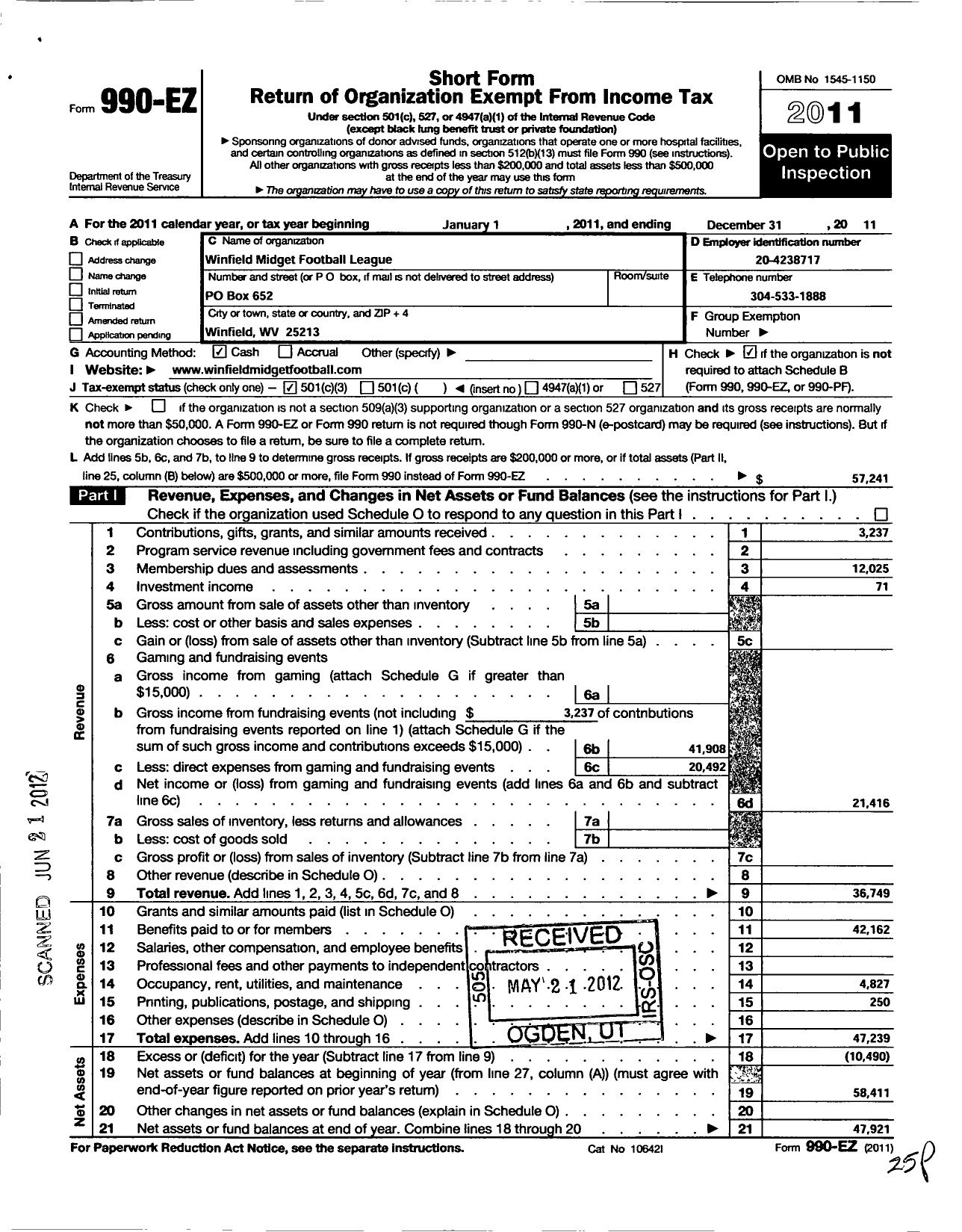 Image of first page of 2011 Form 990EZ for Winfield Midget Football League