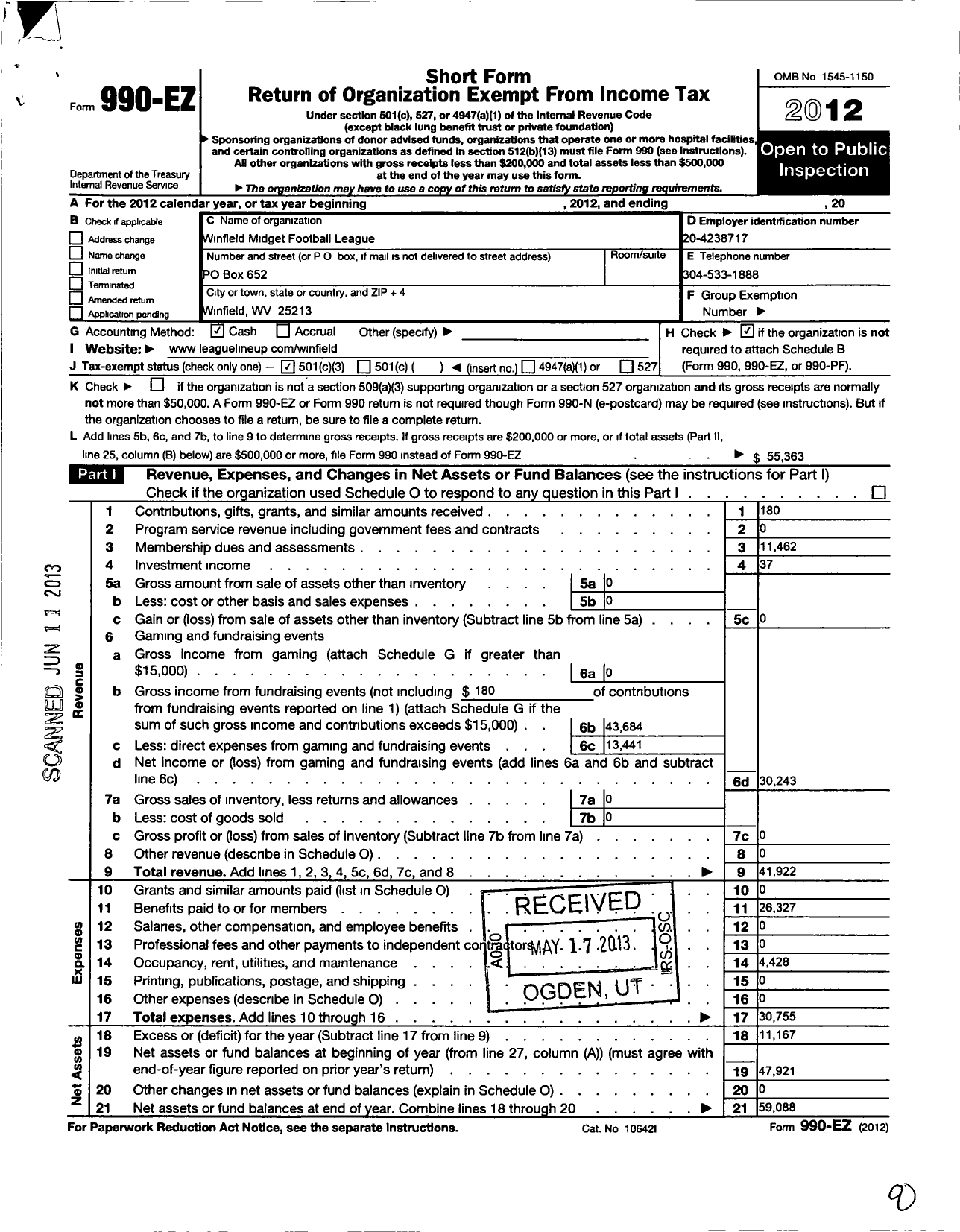 Image of first page of 2012 Form 990EZ for Winfield Midget Football League