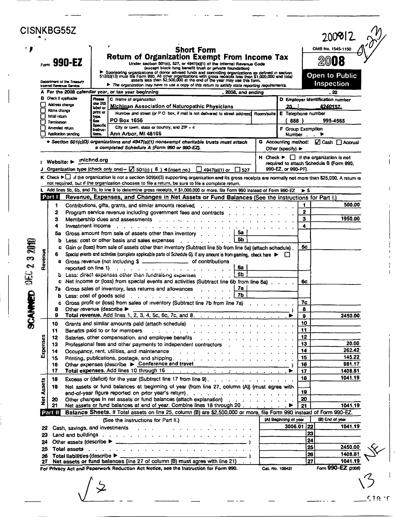 Image of first page of 2008 Form 990EO for Michigan Association of Naturopathic Physicians