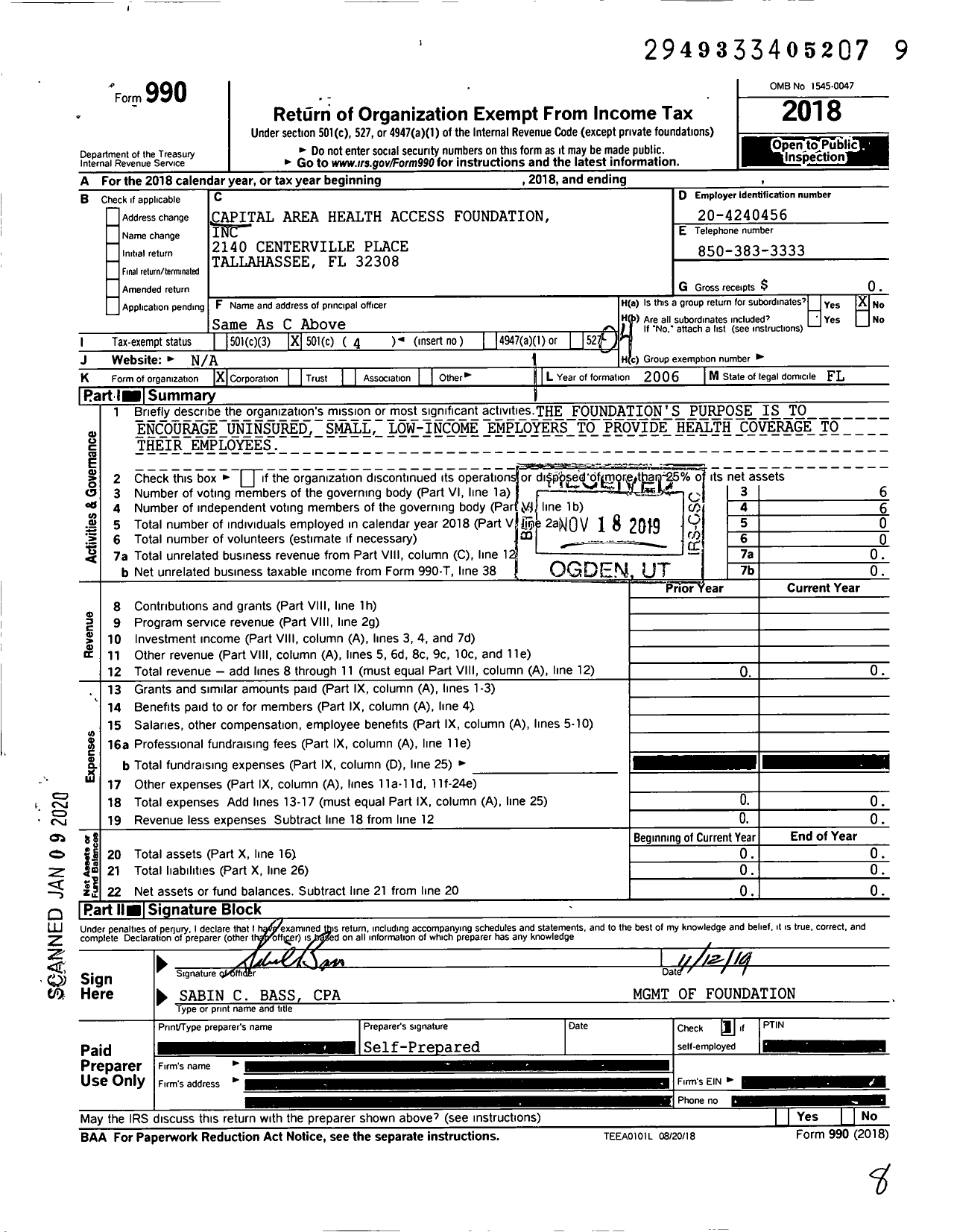 Image of first page of 2018 Form 990O for Capital Area Health Access Foundation