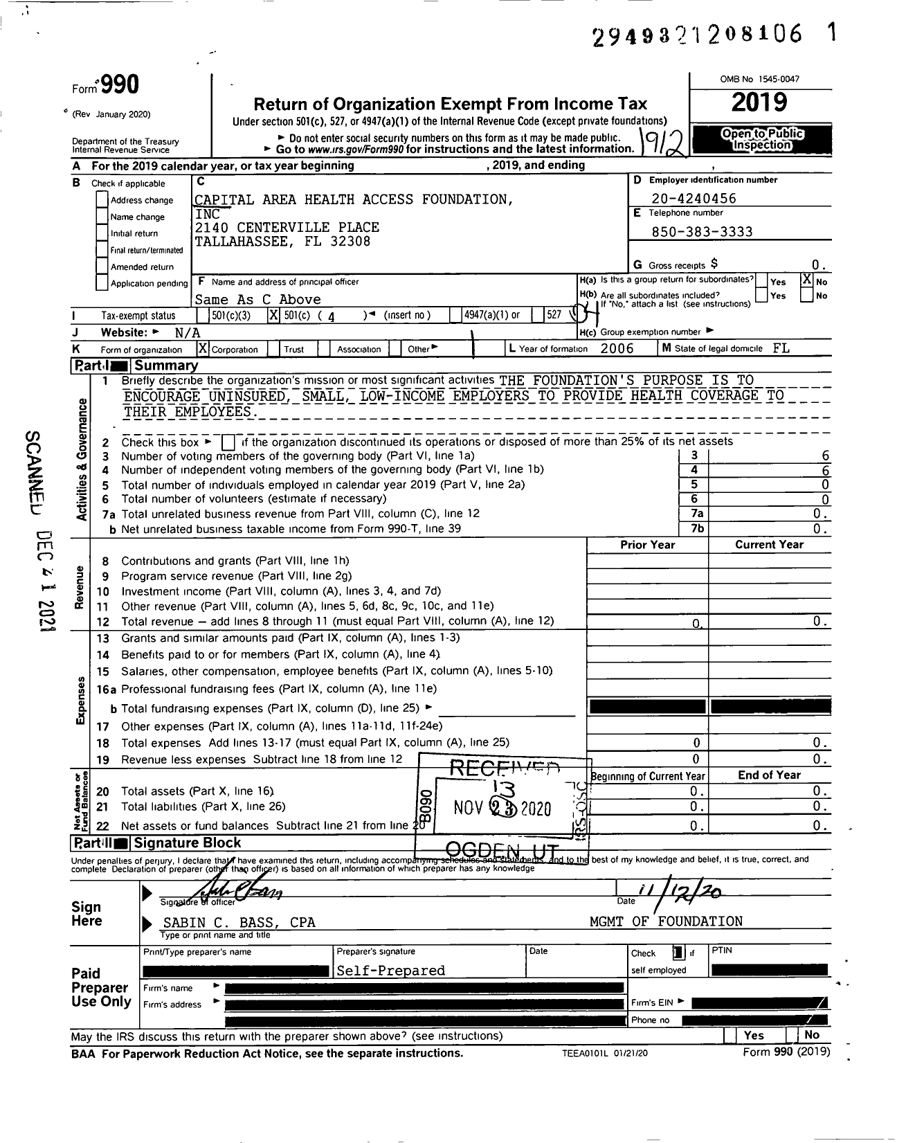 Image of first page of 2019 Form 990O for Capital Area Health Access Foundation