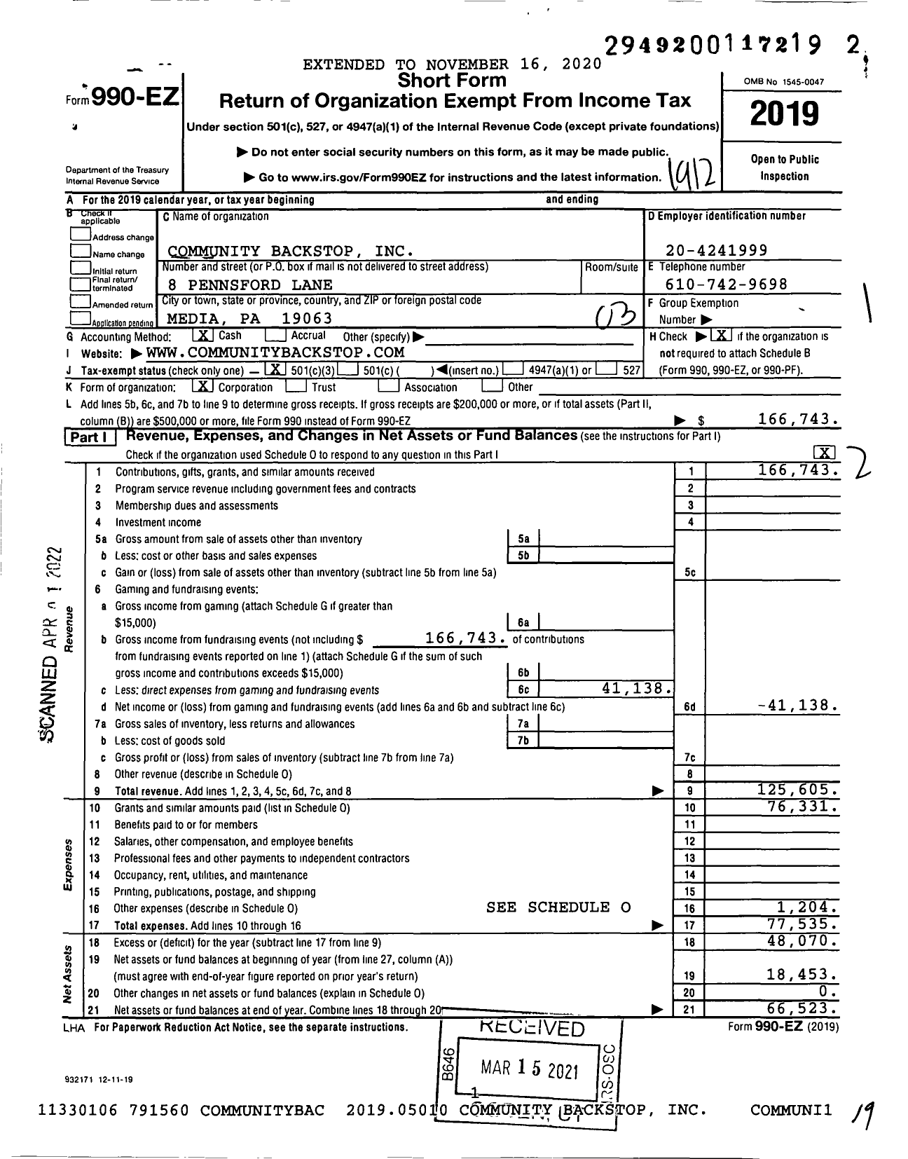 Image of first page of 2019 Form 990EZ for Community Backstop