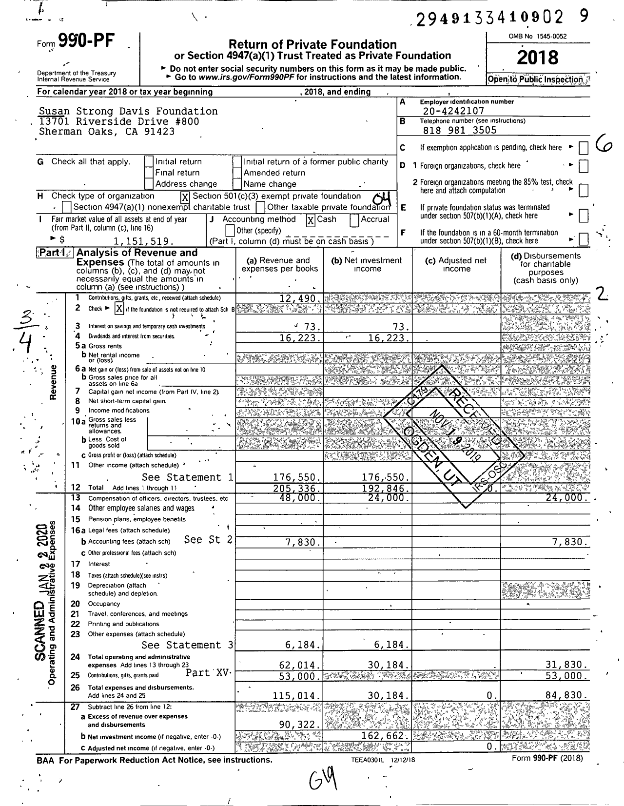 Image of first page of 2018 Form 990PF for Susan Strong Davis Foundation