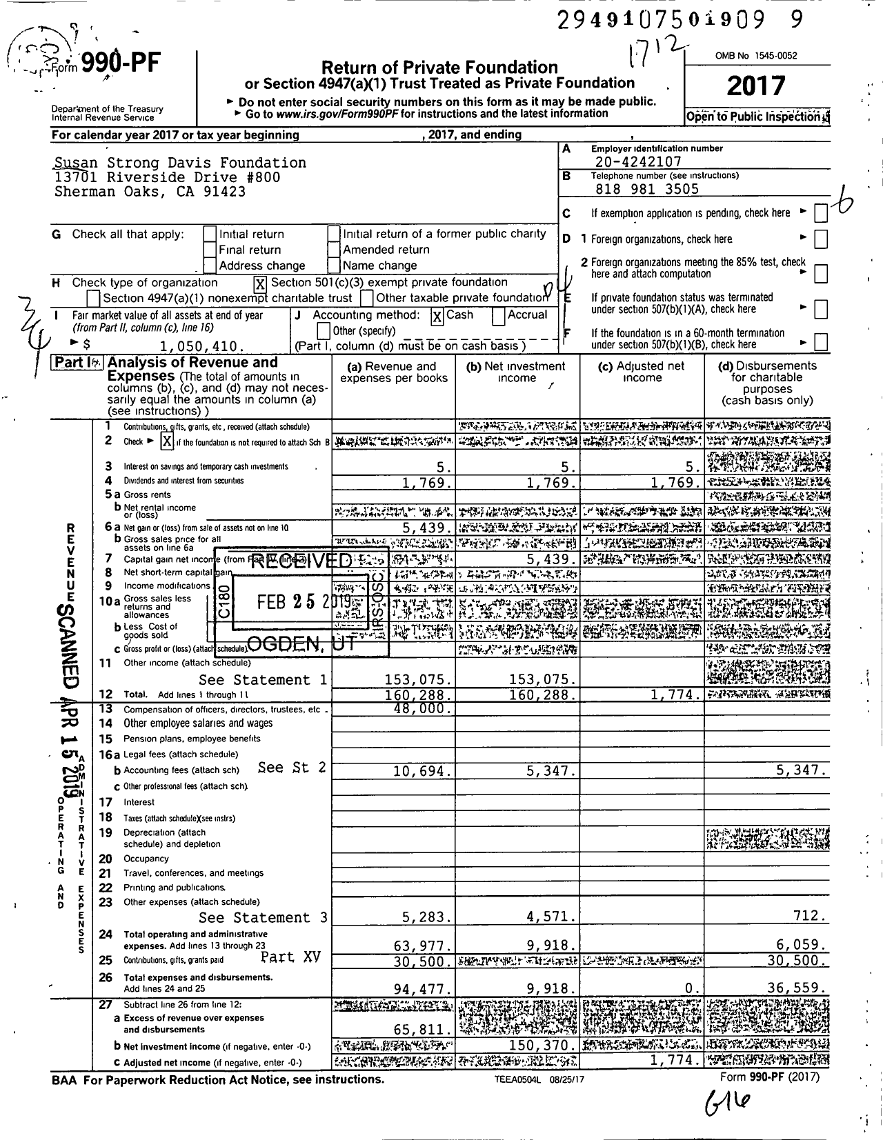 Image of first page of 2017 Form 990PF for Susan Strong Davis Foundation