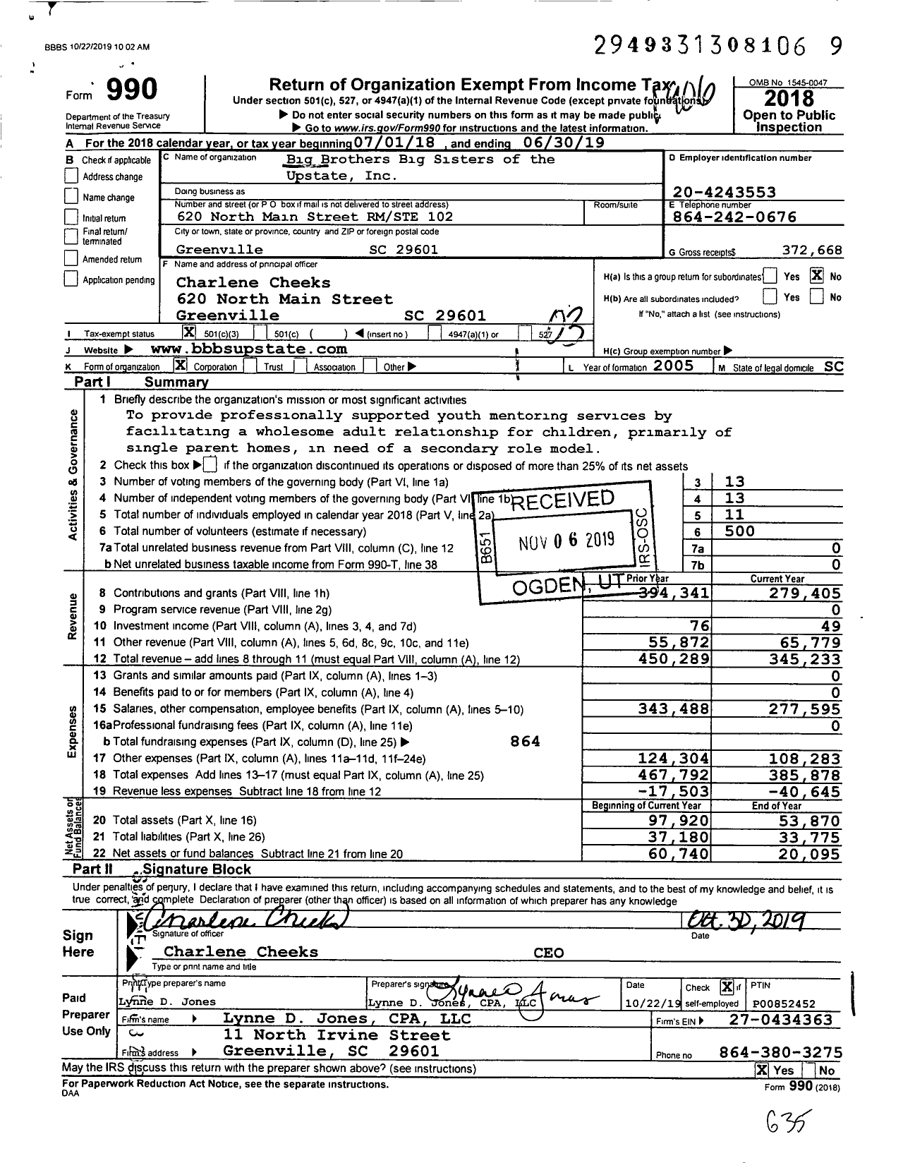 Image of first page of 2018 Form 990 for Big Brothers Big Sisters of the Upstate