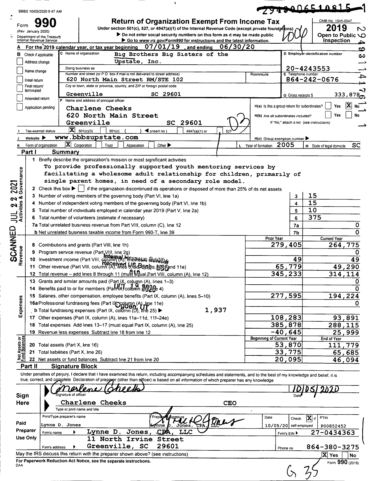 Image of first page of 2019 Form 990 for Big Brothers Big Sisters of the Upstate