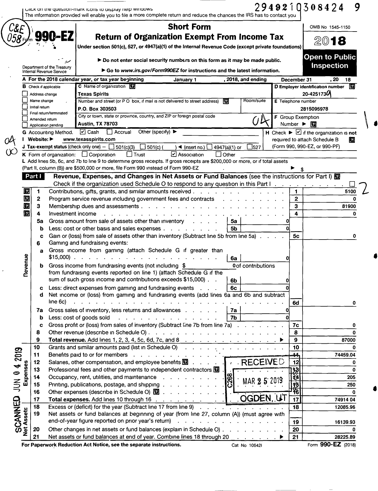 Image of first page of 2018 Form 990EO for Texas Spirits