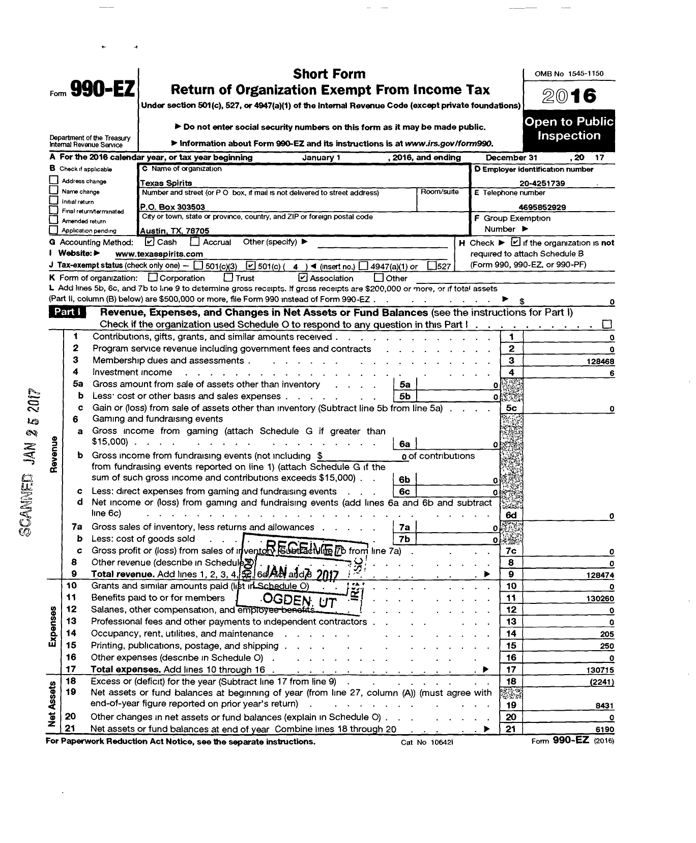 Image of first page of 2017 Form 990EO for Texas Spirits