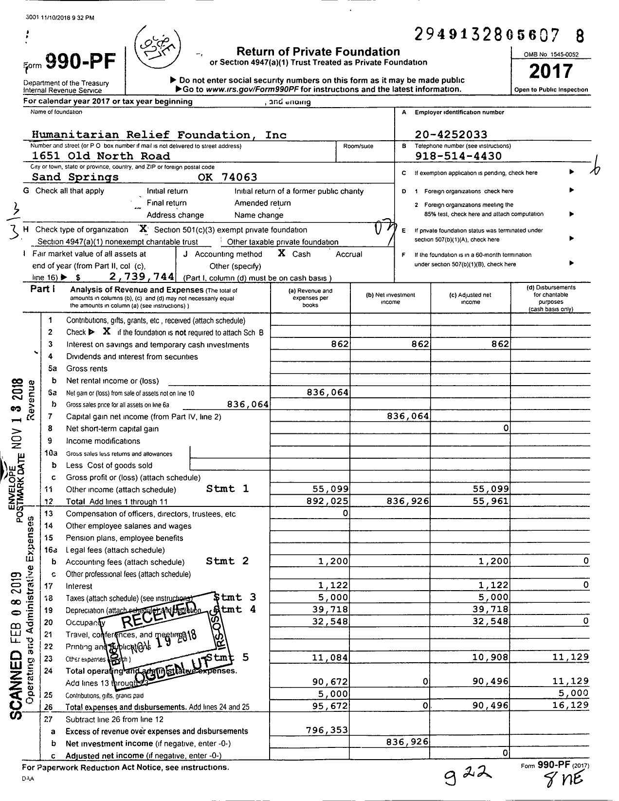 Image of first page of 2017 Form 990PF for Humanitarian Relief Foundation