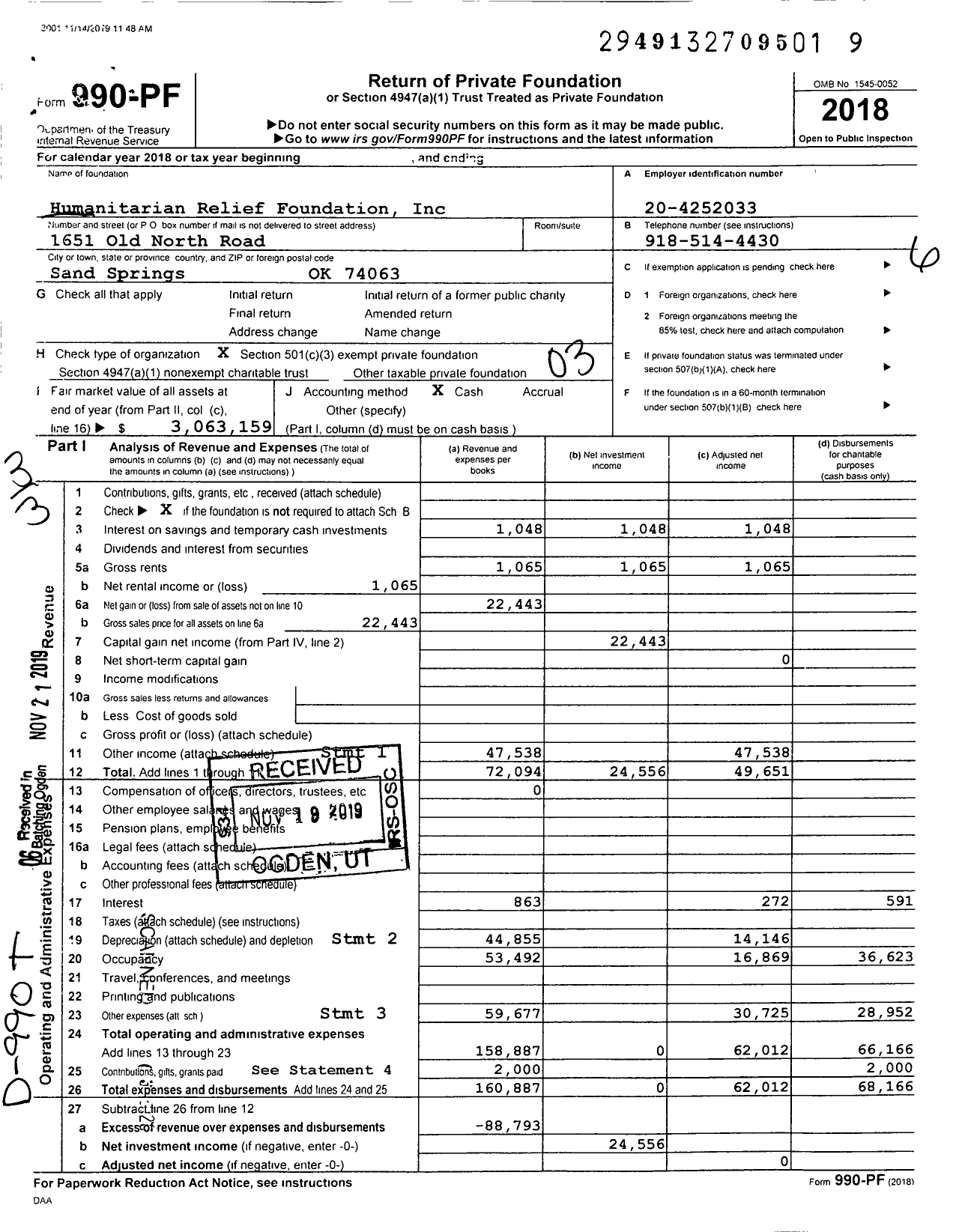 Image of first page of 2018 Form 990PF for Humanitarian Relief Foundation