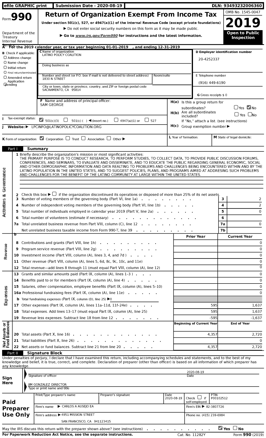 Image of first page of 2019 Form 990 for Latino Policy Coalition