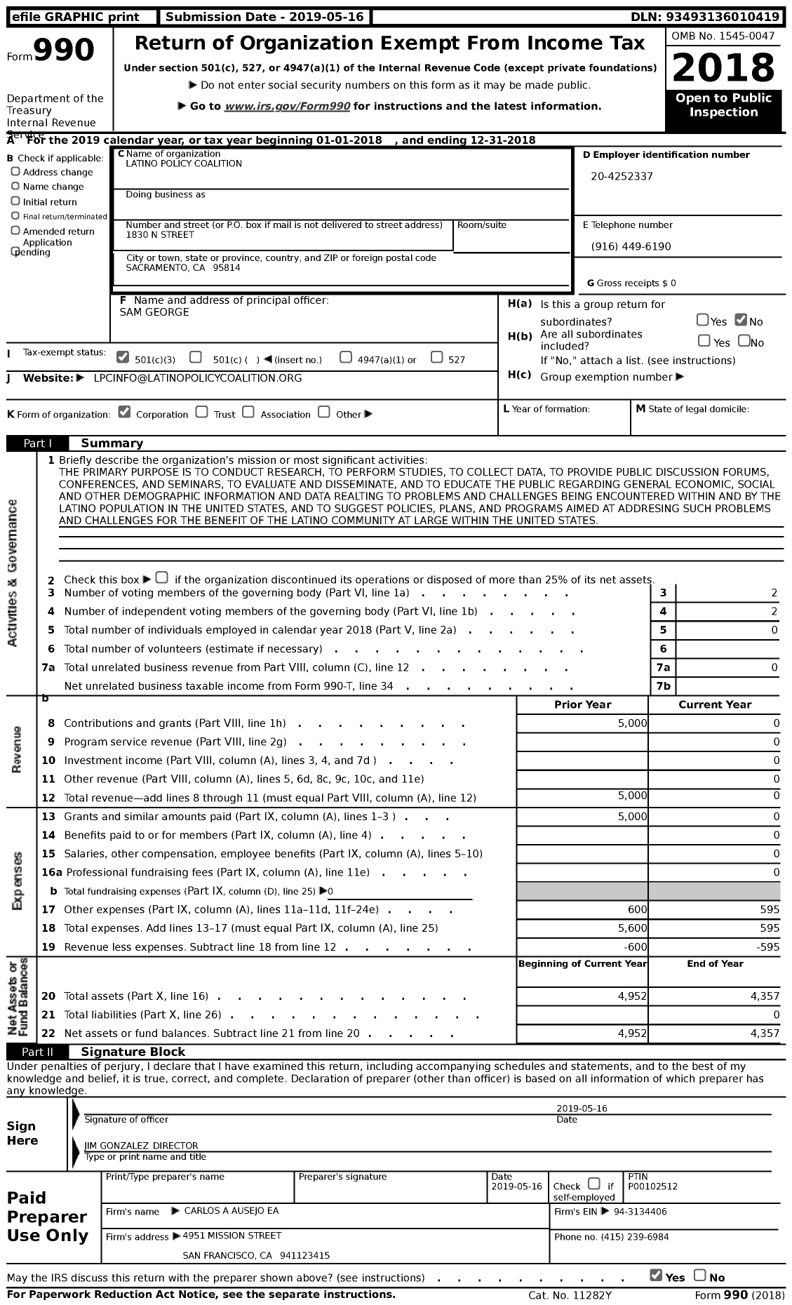 Image of first page of 2018 Form 990 for Latino Policy Coalition