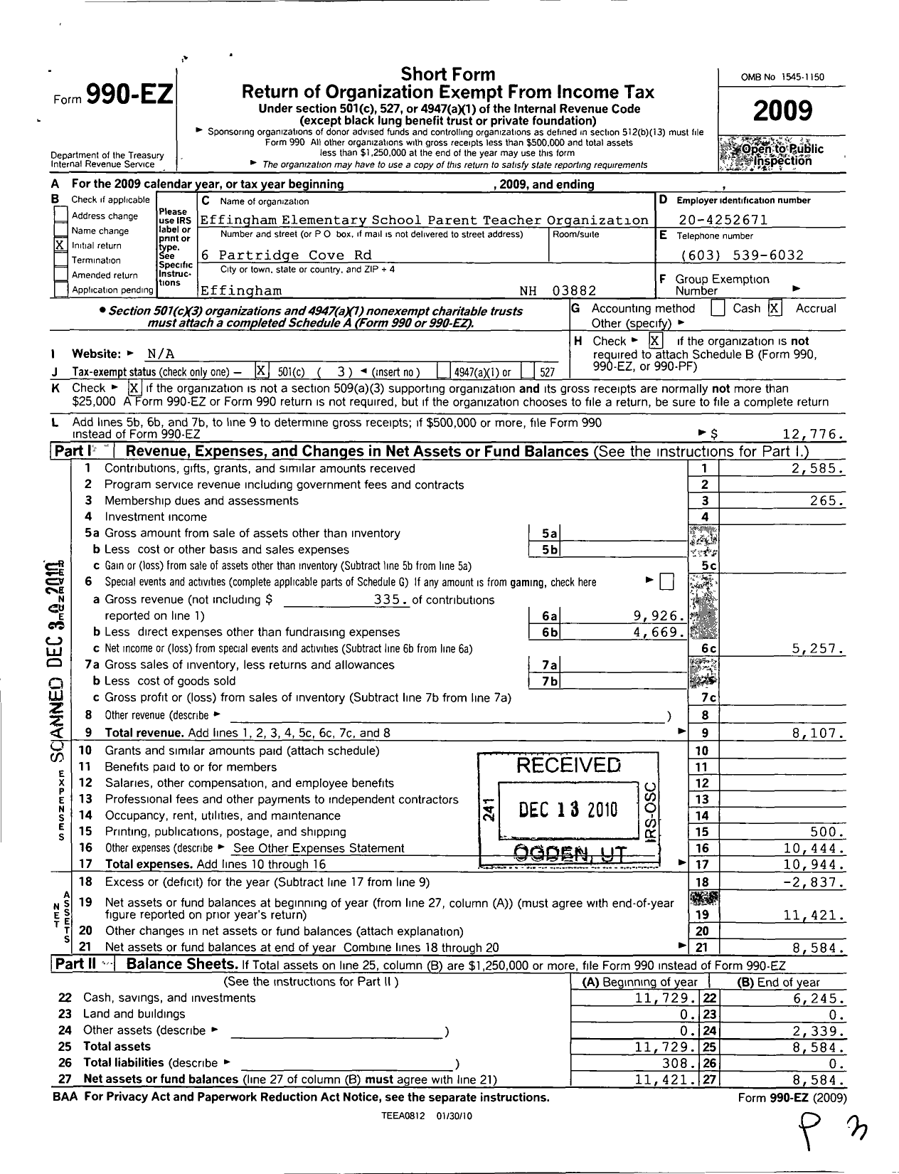 Image of first page of 2009 Form 990EZ for Effingham Elementary School Parent Teacher Organization