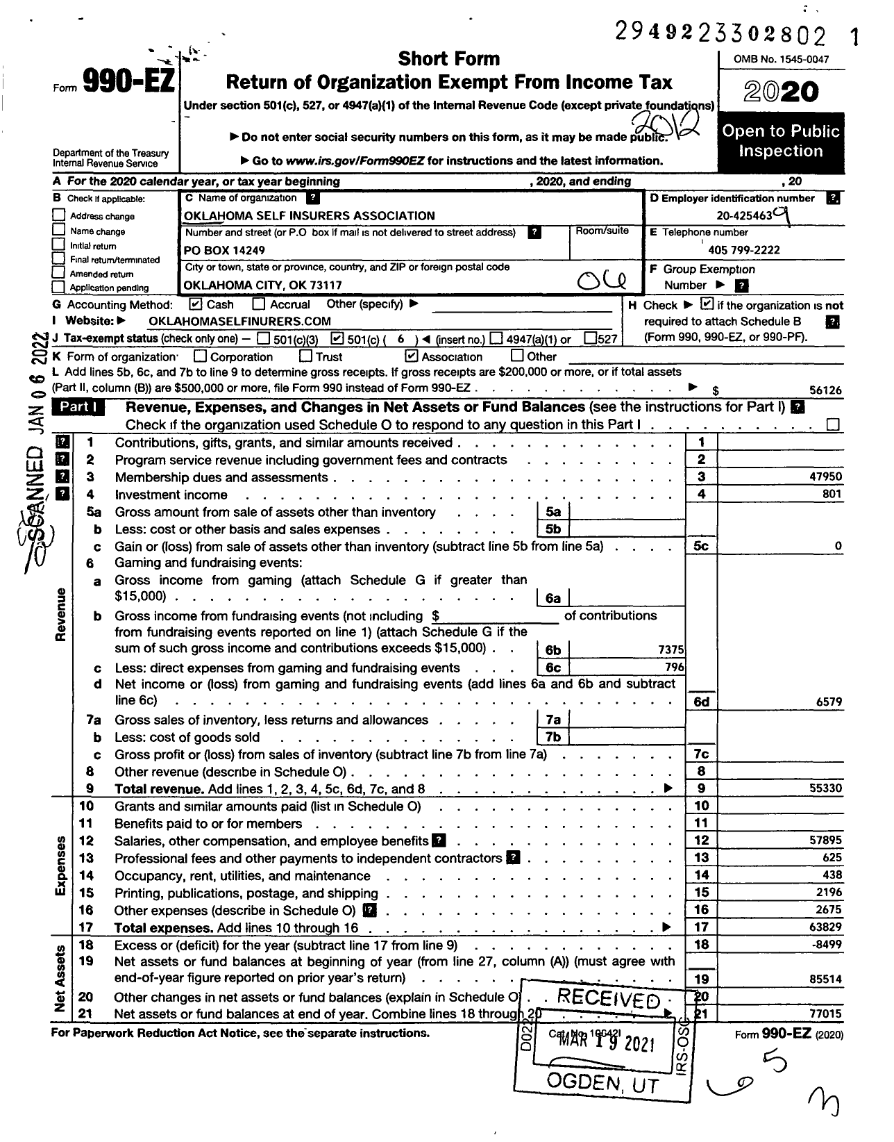 Image of first page of 2020 Form 990EO for Oklahoma Workers Compensation Education Association