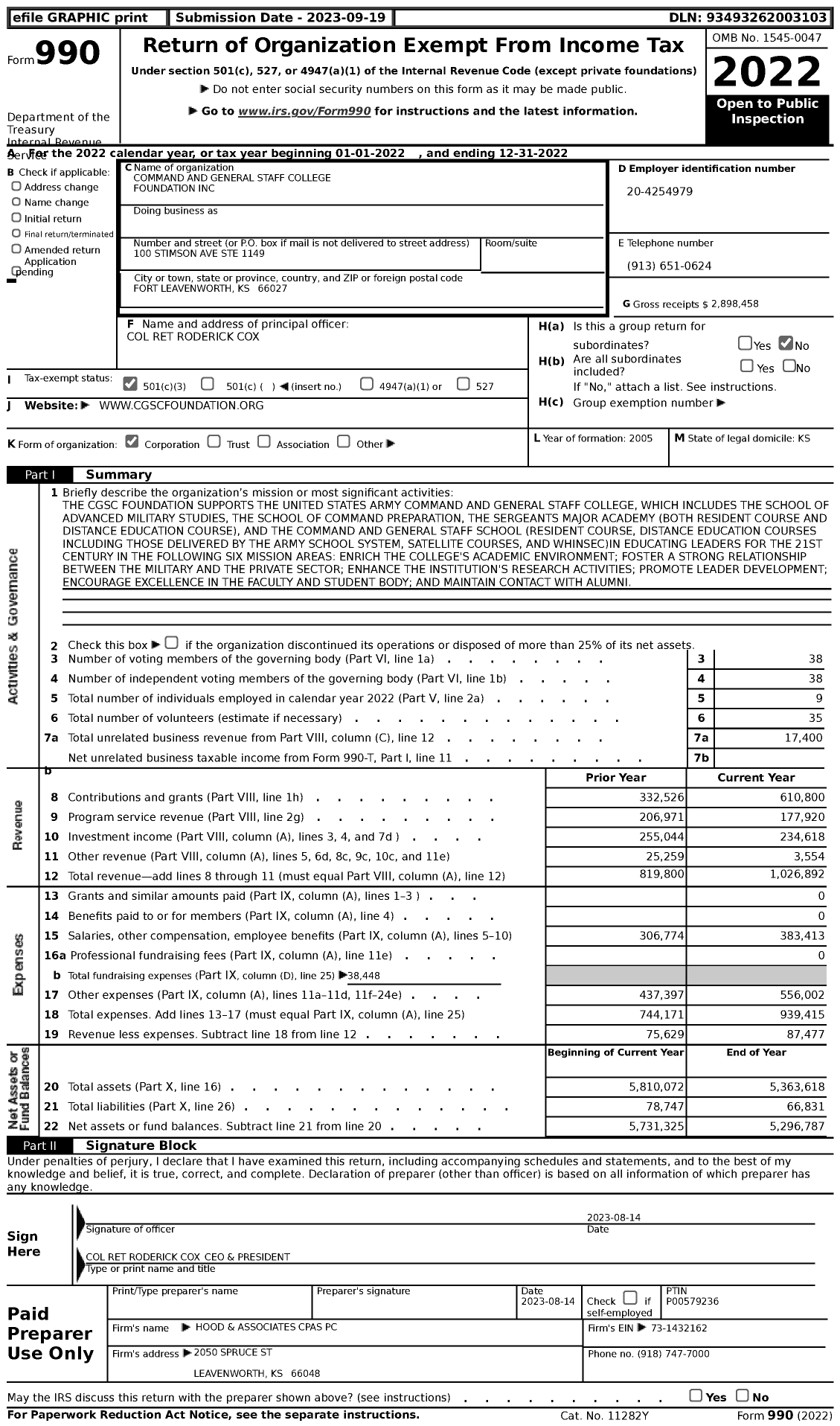 Image of first page of 2022 Form 990 for Command and General Staff College Foundation