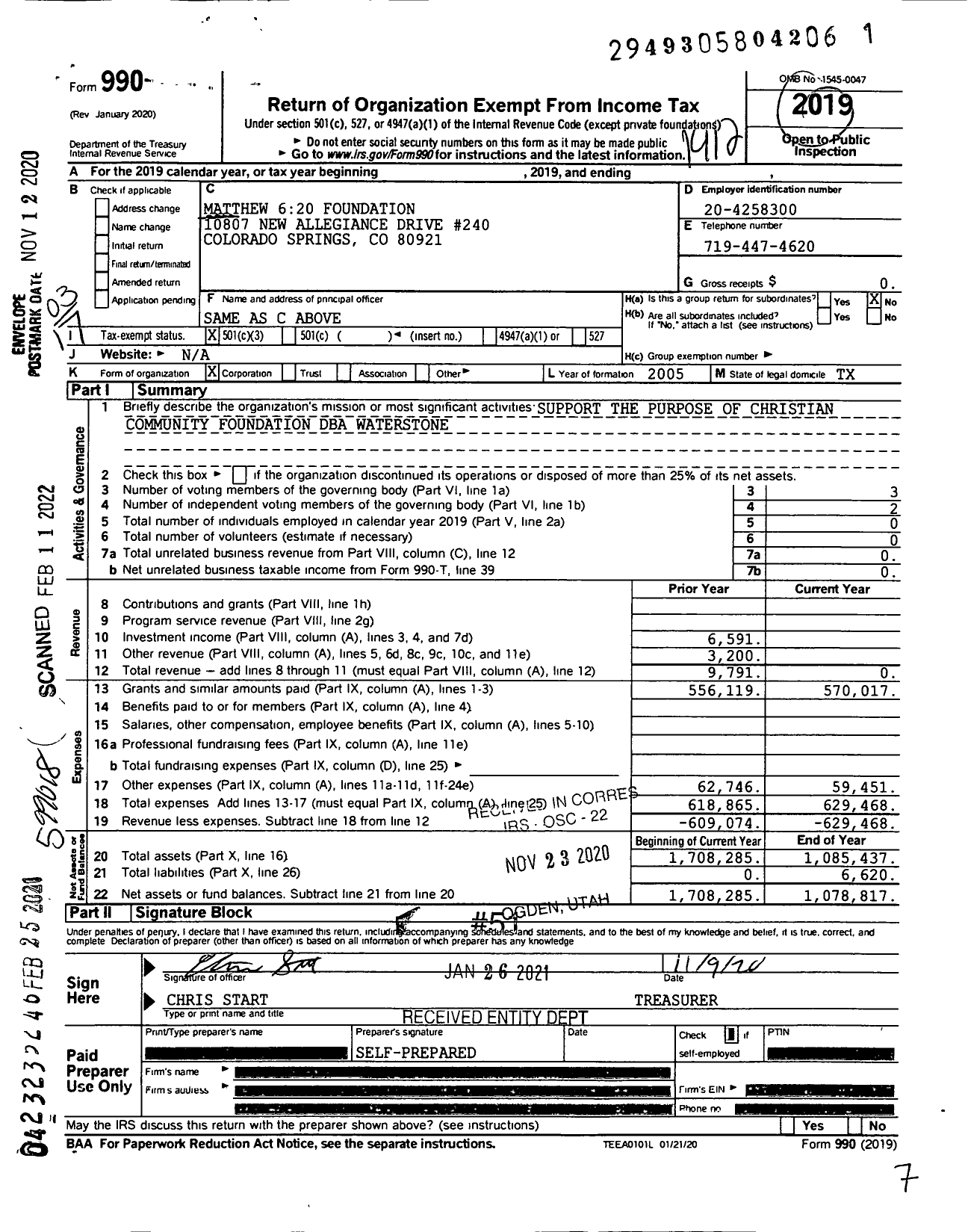 Image of first page of 2019 Form 990 for Matthew 620 Foundation