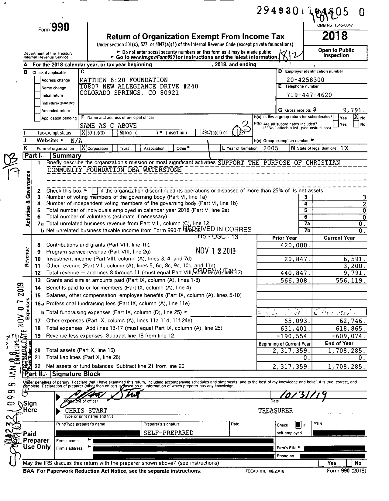 Image of first page of 2018 Form 990 for Matthew 620 Foundation