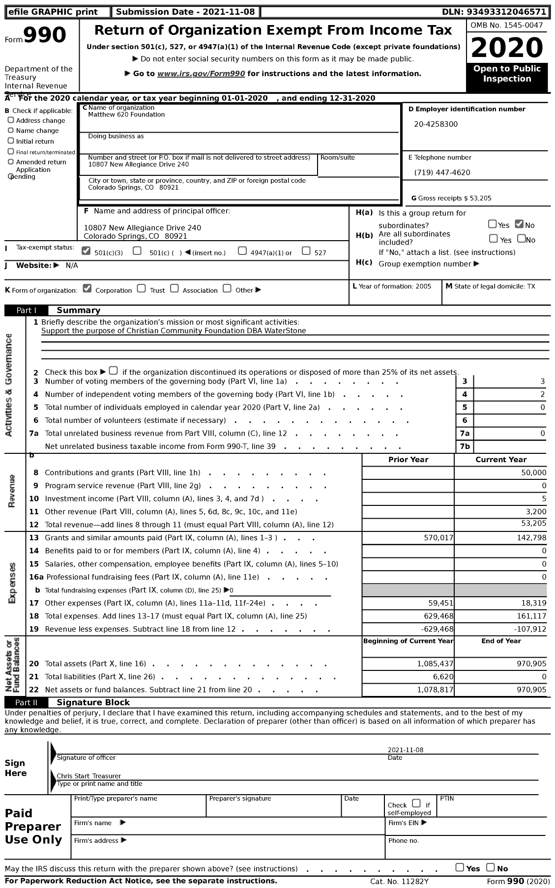 Image of first page of 2020 Form 990 for Matthew 620 Foundation