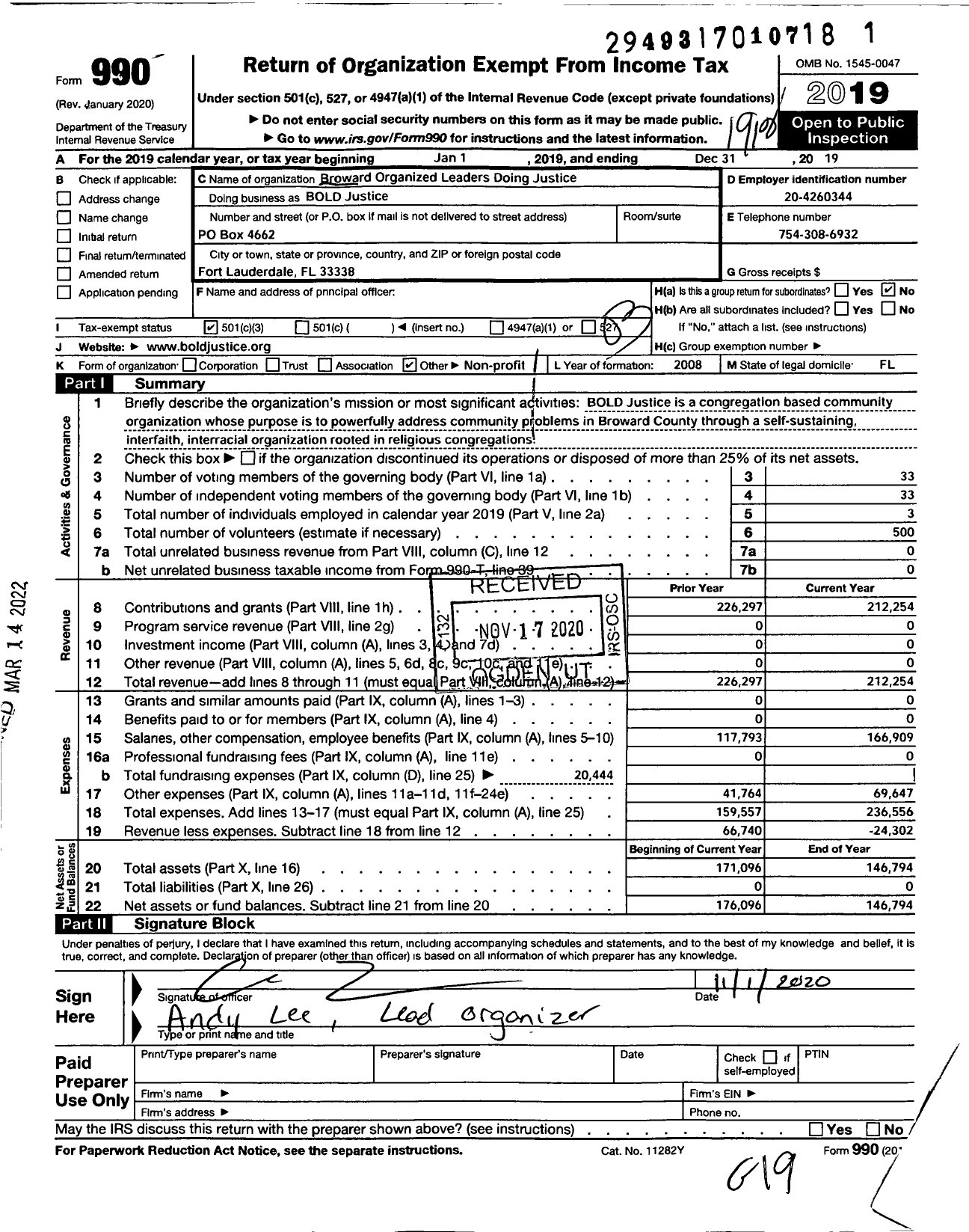 Image of first page of 2019 Form 990 for BOLD Justice