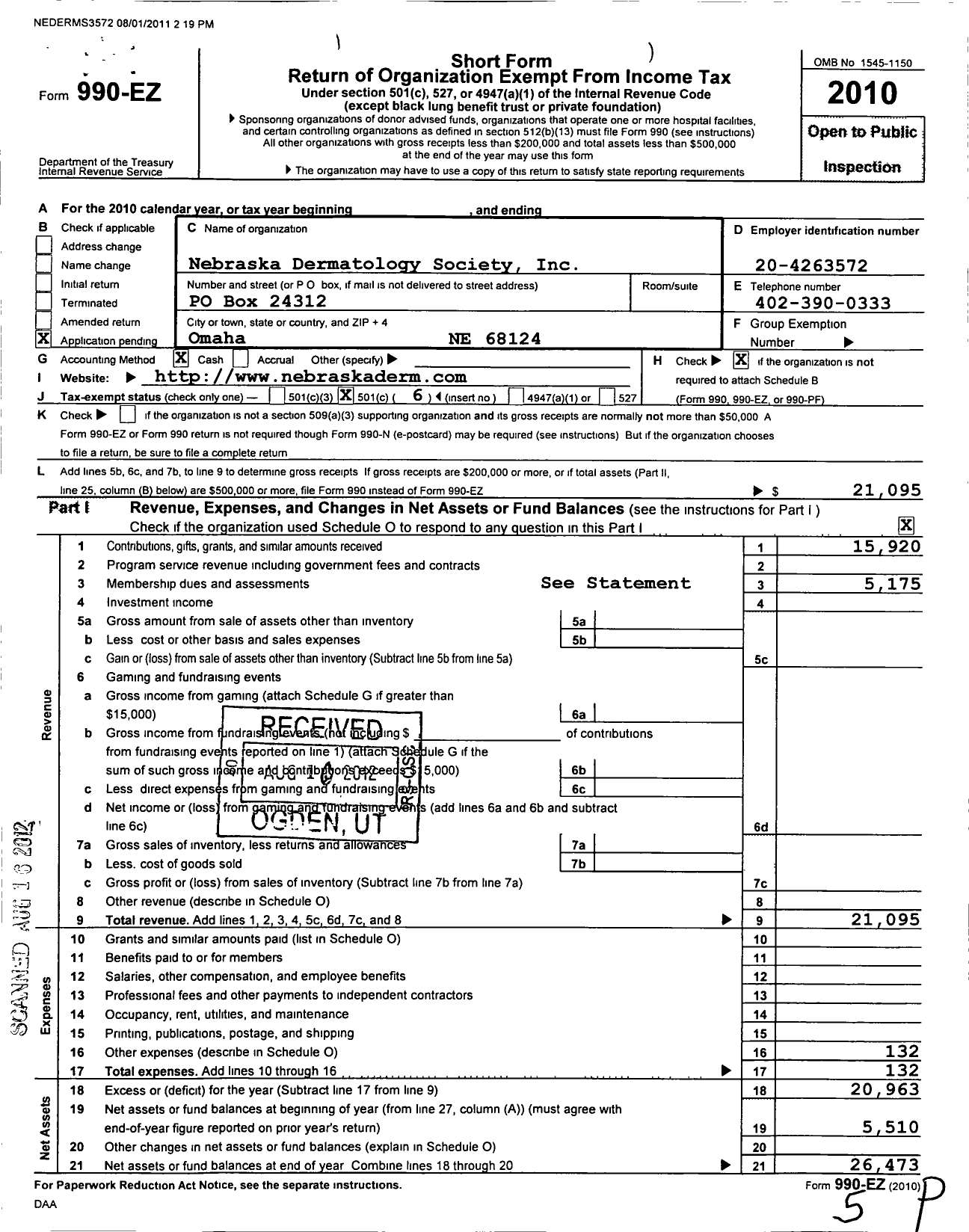 Image of first page of 2010 Form 990EO for Nebraska Dermatology Society