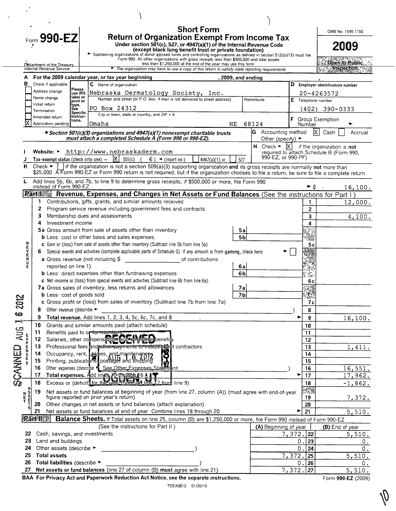 Image of first page of 2009 Form 990EO for Nebraska Dermatology Society