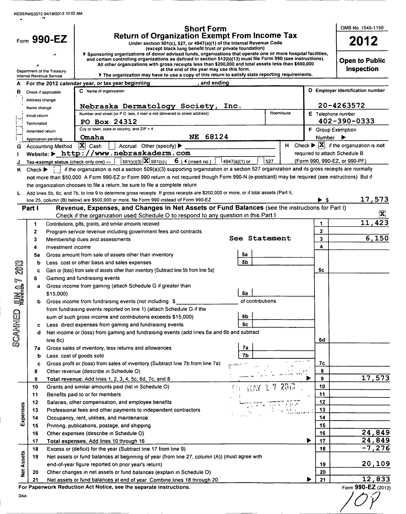 Image of first page of 2012 Form 990EO for Nebraska Dermatology Society