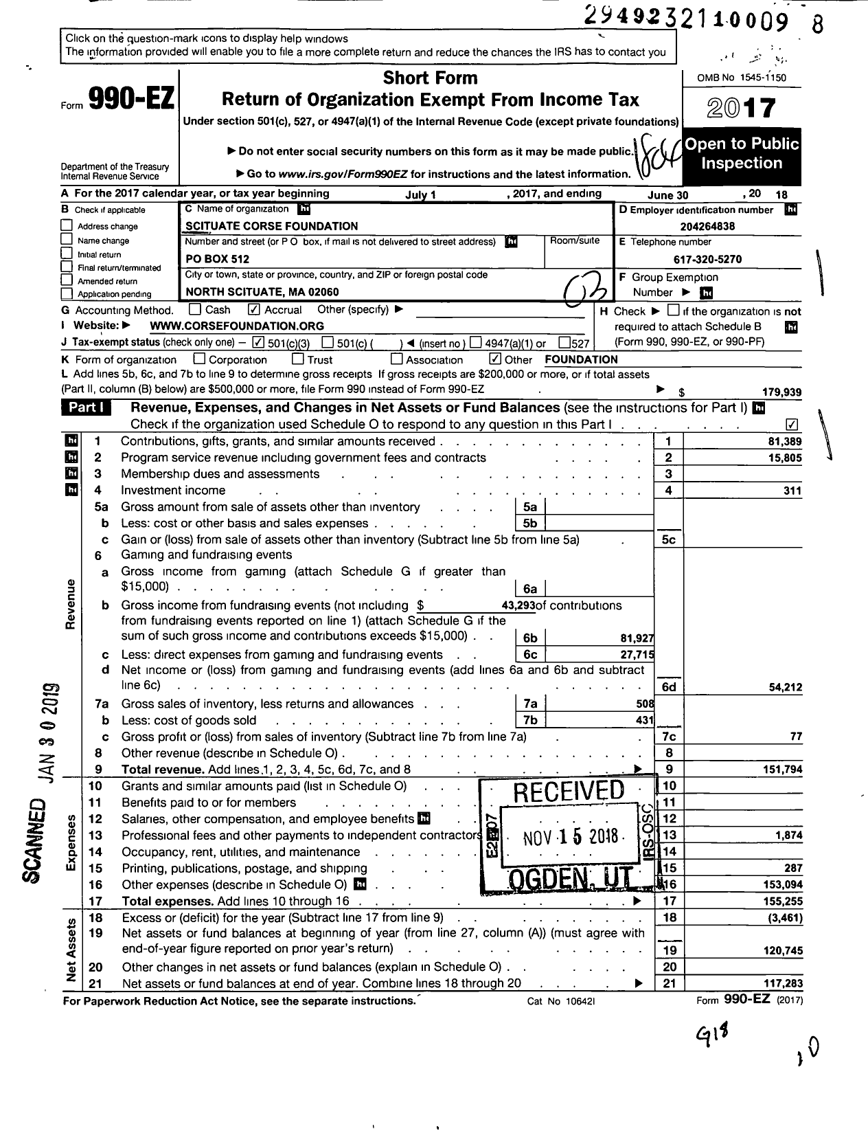 Image of first page of 2017 Form 990EZ for Scituate Corse Foundation