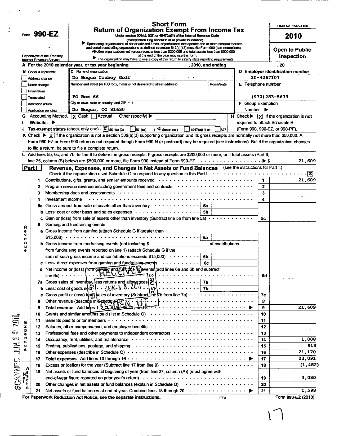 Image of first page of 2010 Form 990EZ for Debeque Cowboy Golf