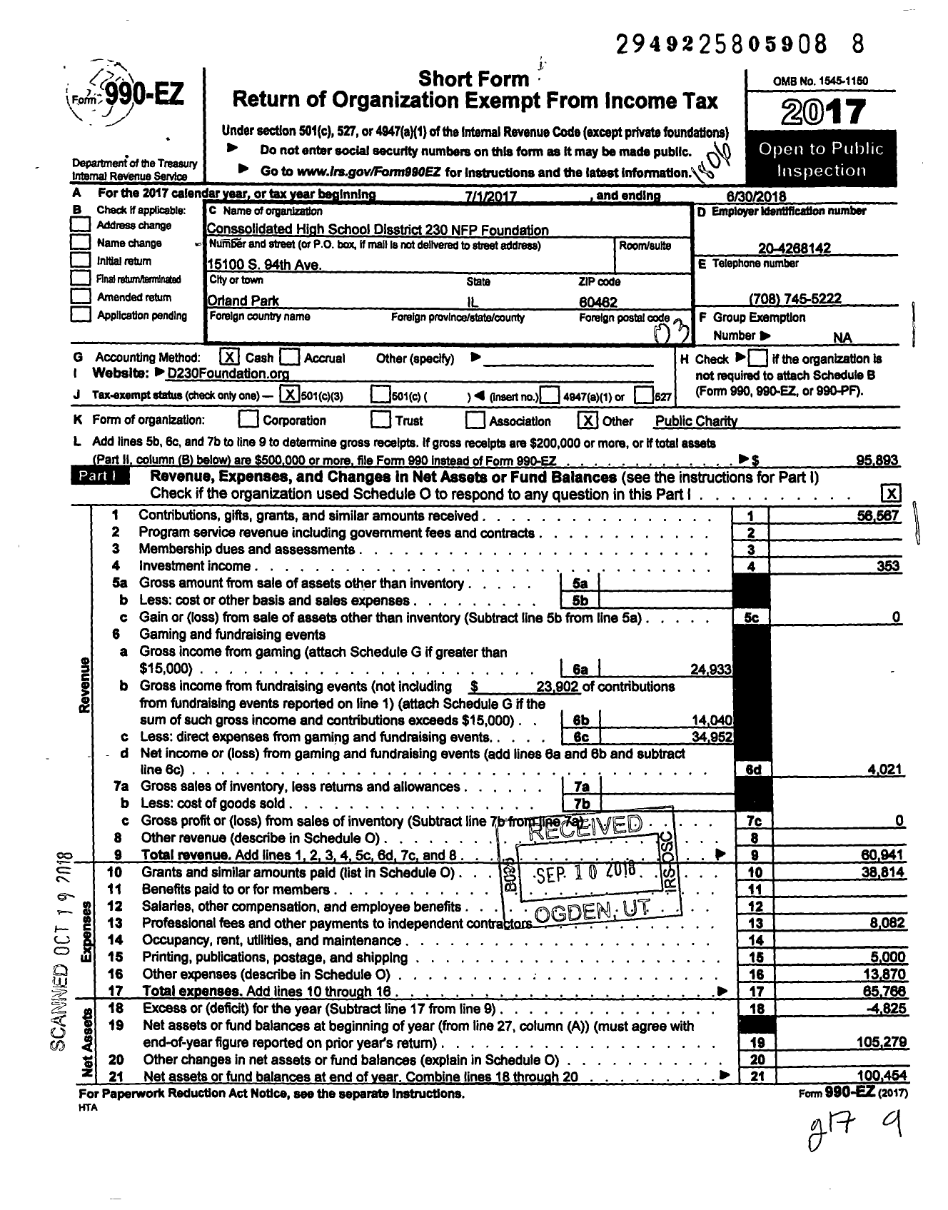 Image of first page of 2017 Form 990EZ for Consolidated High School District 230 NFP Foundation