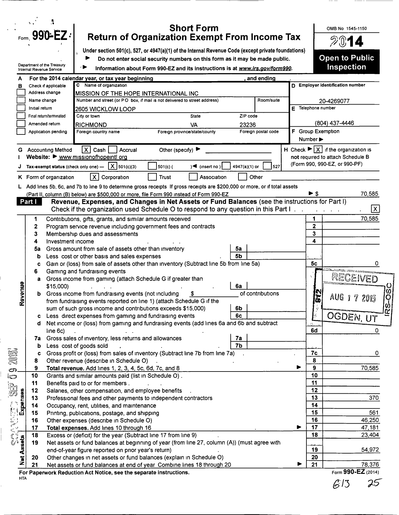 Image of first page of 2014 Form 990EZ for Mission of Hope International