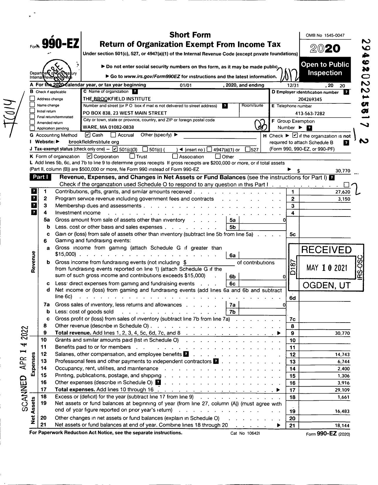 Image of first page of 2020 Form 990EZ for Homefront Strong