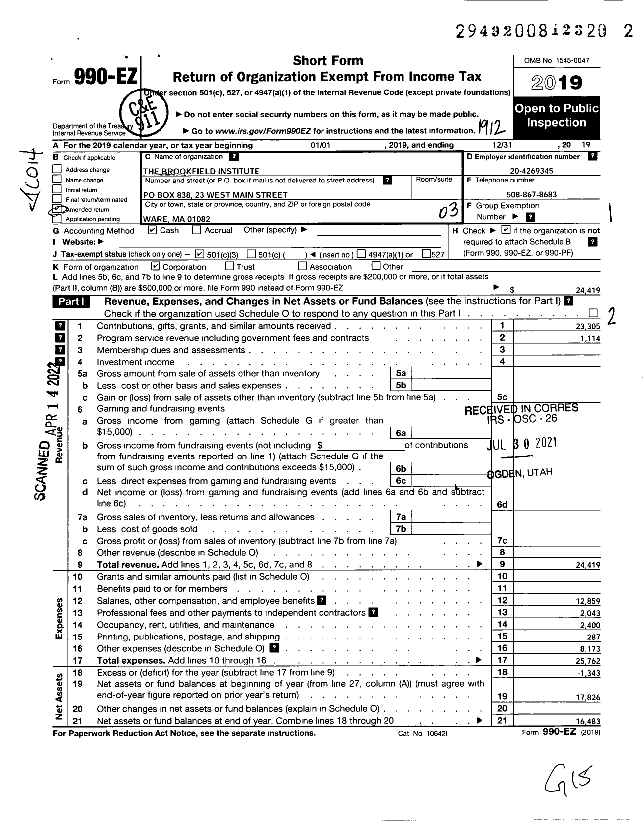 Image of first page of 2019 Form 990EZ for Brookfield Institute