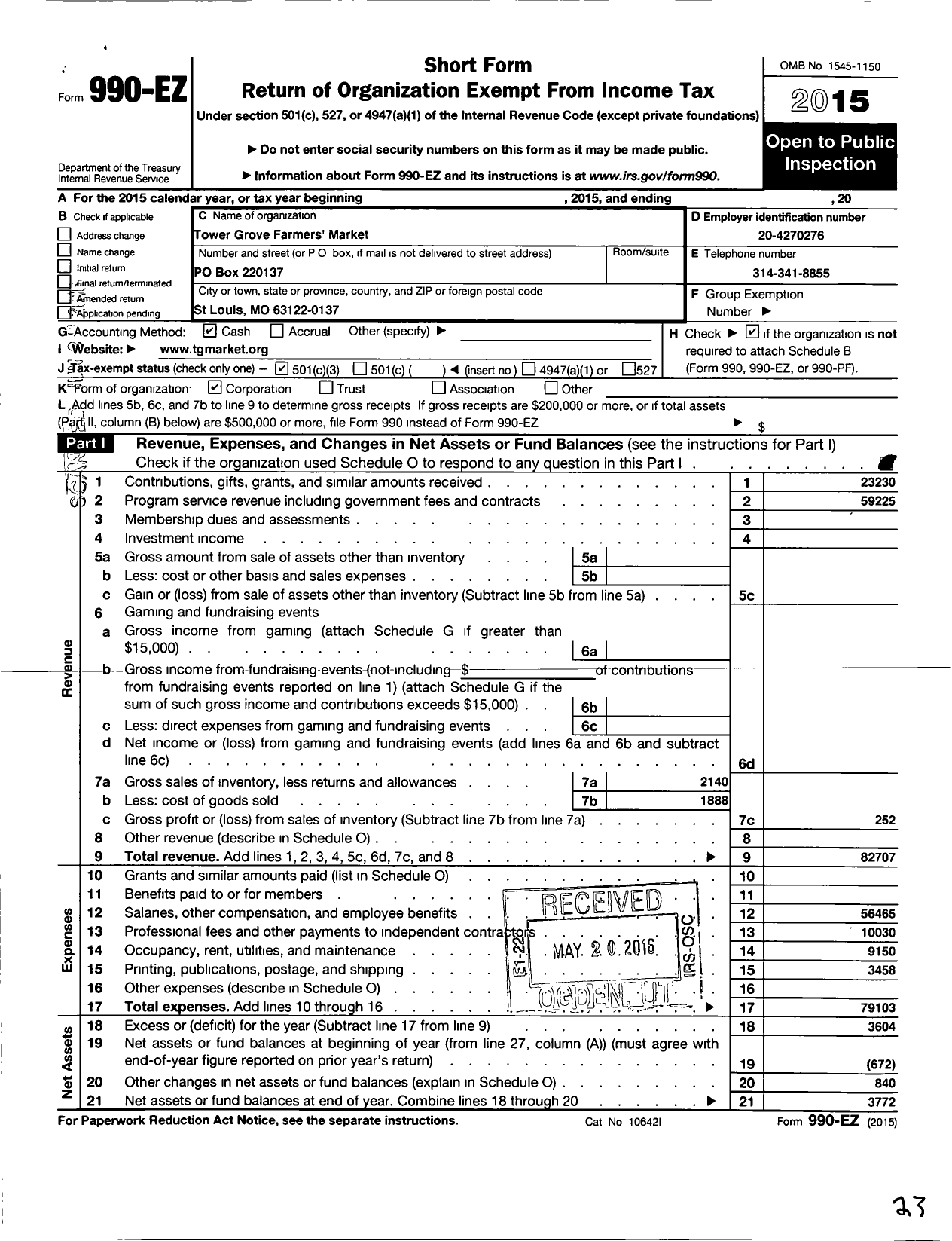 Image of first page of 2015 Form 990EZ for Tower Grove Farmers Market