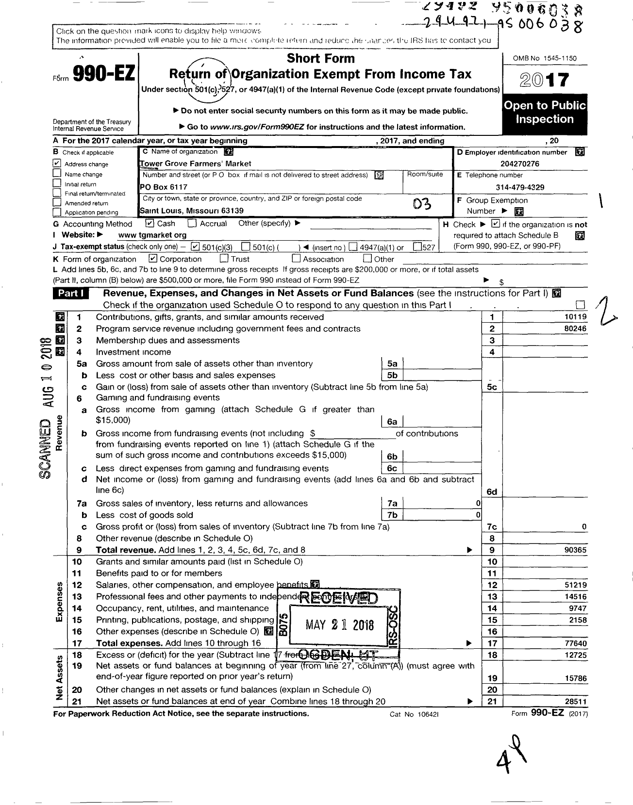 Image of first page of 2017 Form 990EZ for Tower Grove Farmers Market