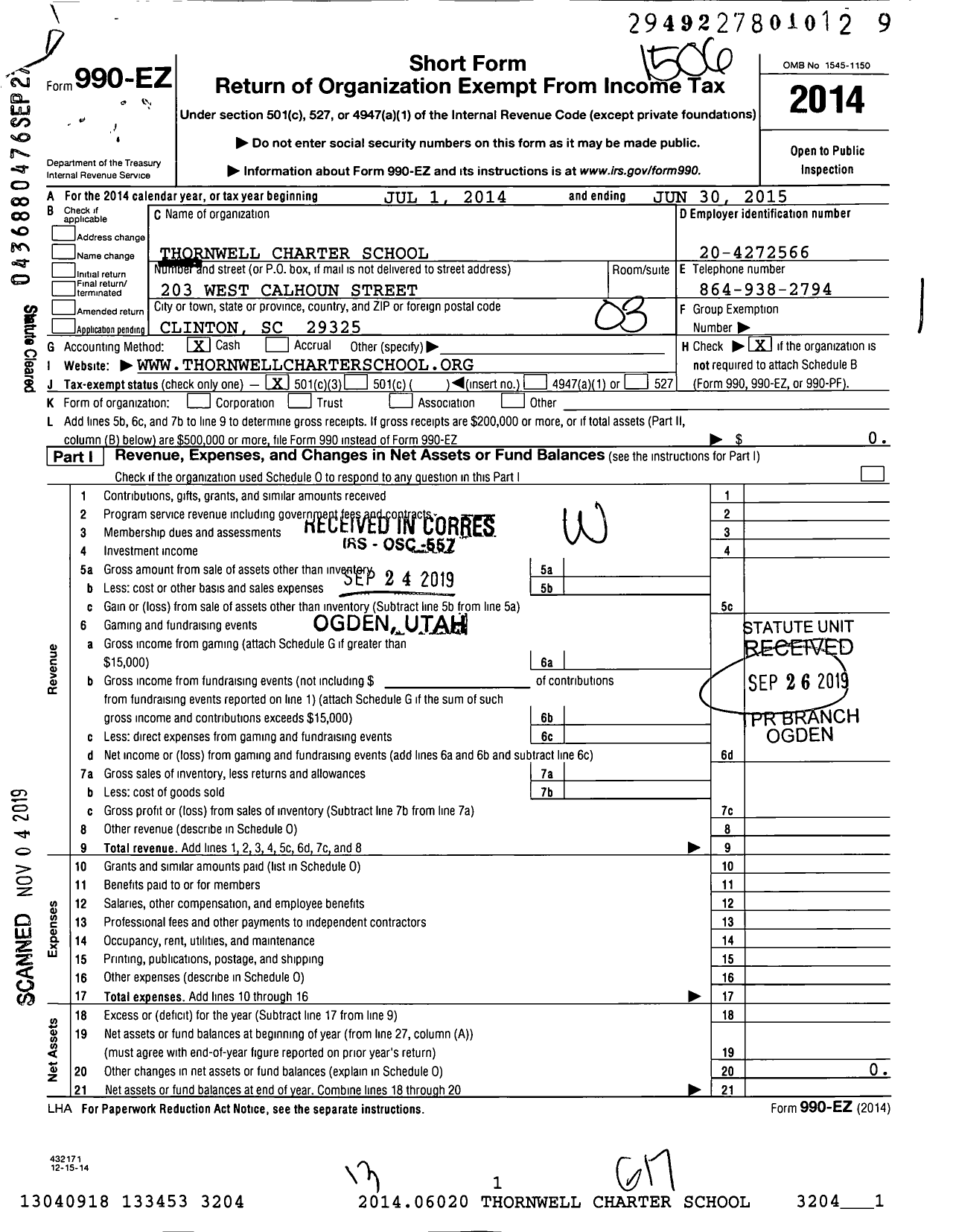 Image of first page of 2014 Form 990EZ for Thornwell Charter School