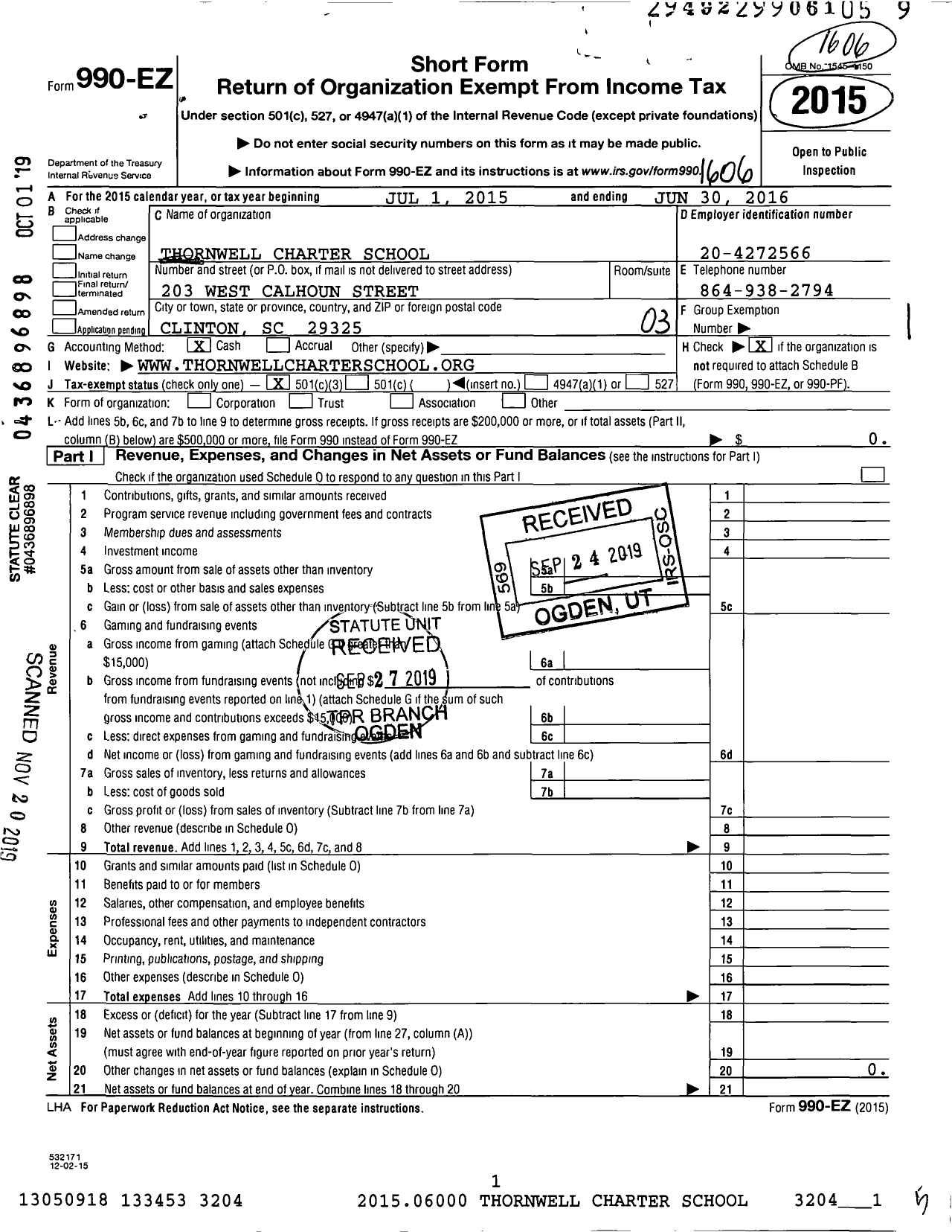 Image of first page of 2015 Form 990EZ for Thornwell Charter School