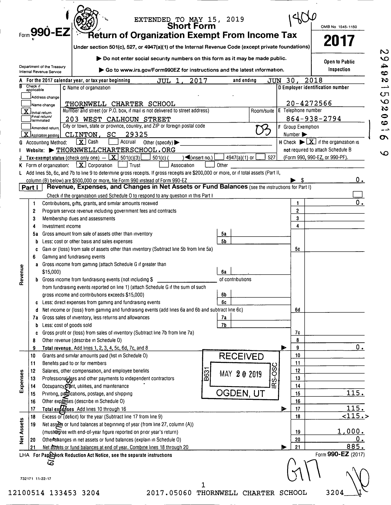 Image of first page of 2017 Form 990EZ for Thornwell Charter School