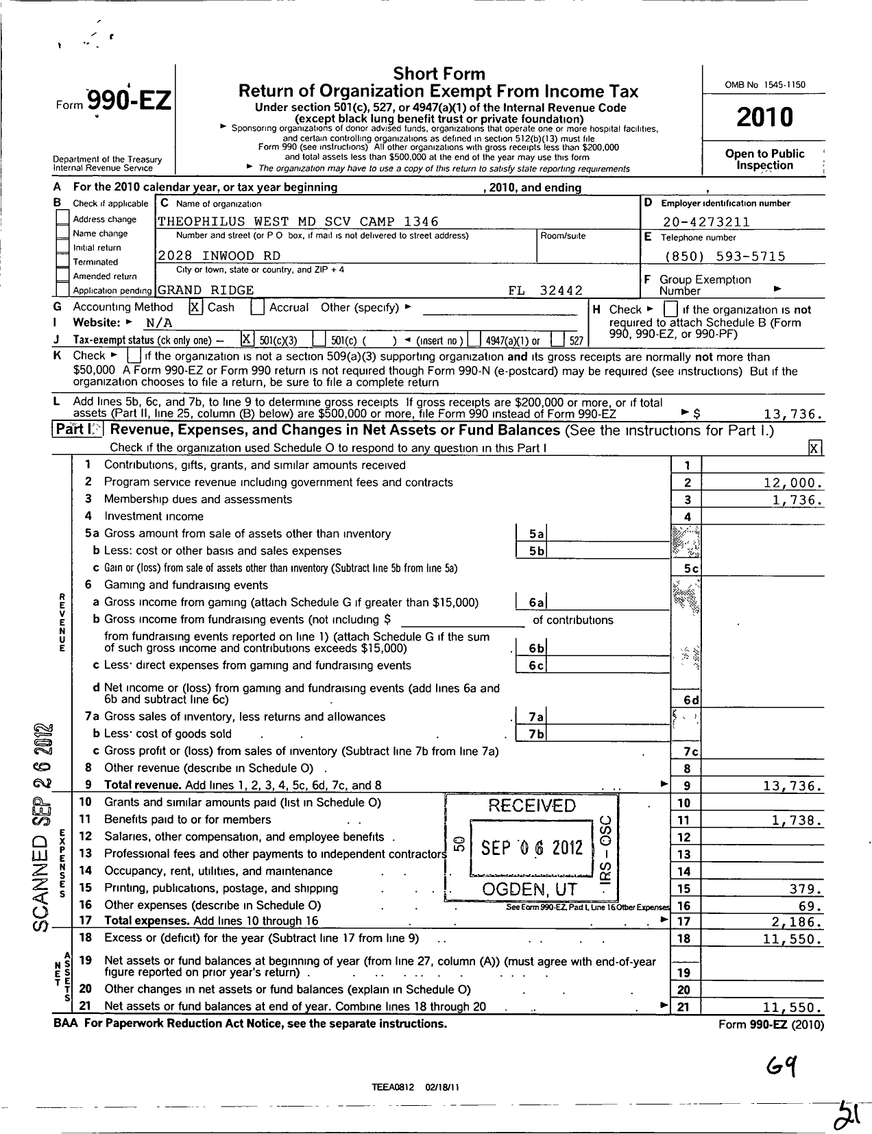 Image of first page of 2010 Form 990EZ for Sons of Confederate Veterans - Theophilus West MD Camp 1346