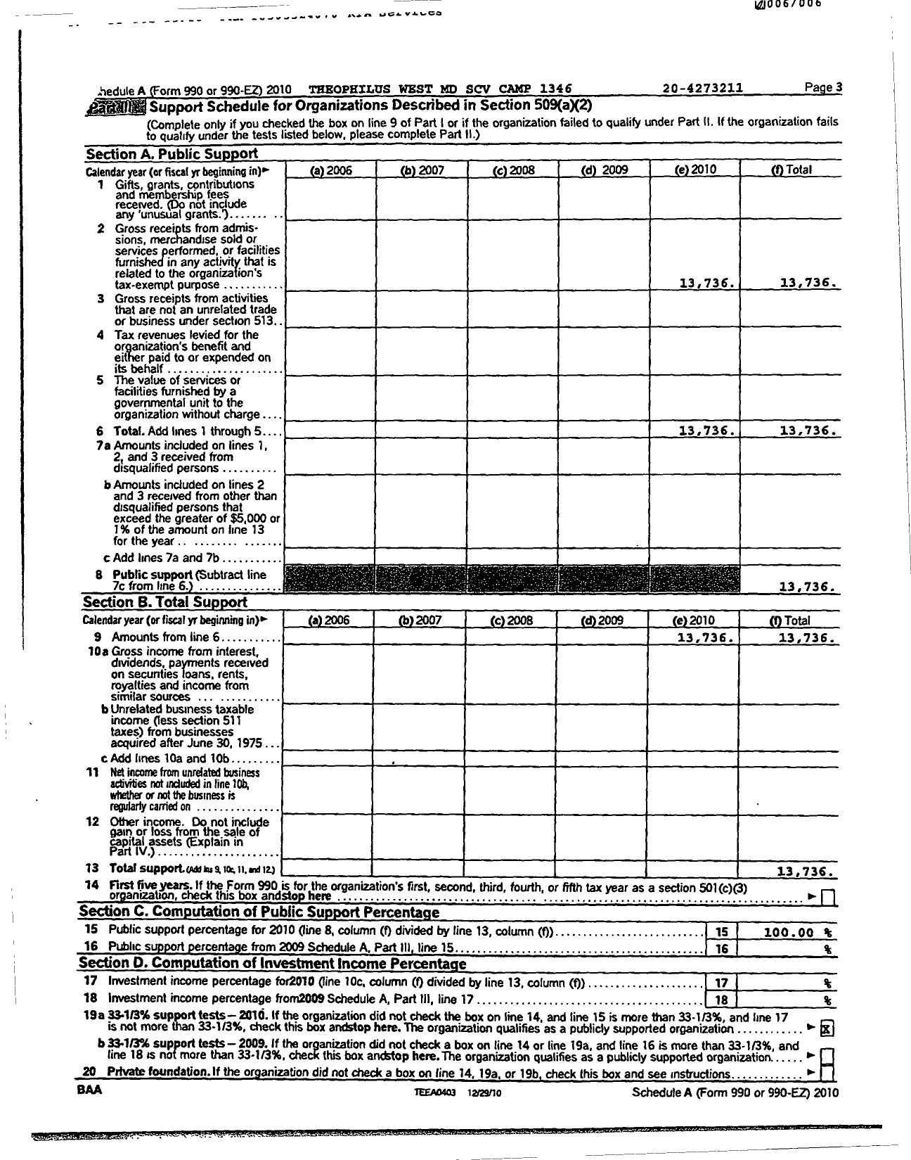 Image of first page of 2010 Form 990ER for Sons of Confederate Veterans - Theophilus West MD Camp 1346