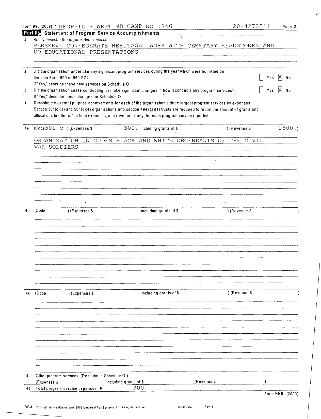 Image of first page of 2008 Form 990R for Sons of Confederate Veterans - Theophilus West MD Camp 1346