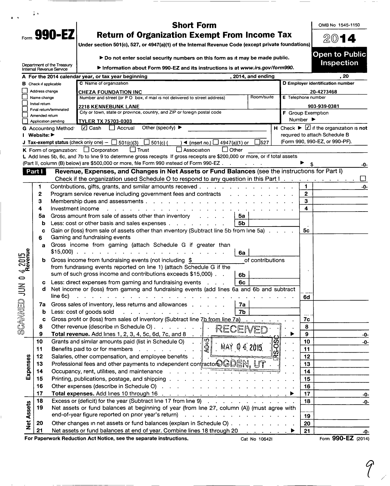 Image of first page of 2014 Form 990EO for Cheza Foundation