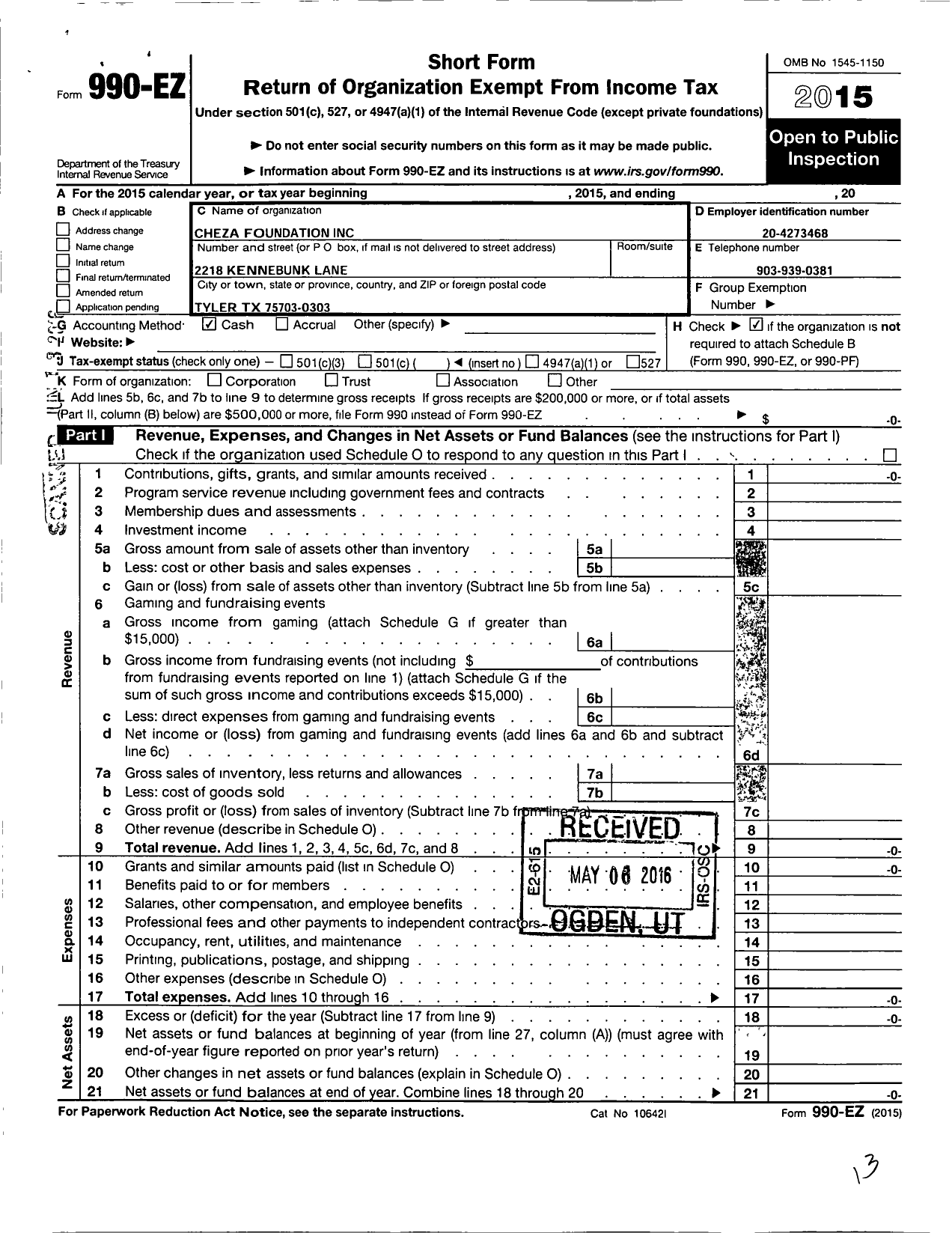 Image of first page of 2015 Form 990EO for Cheza Foundation