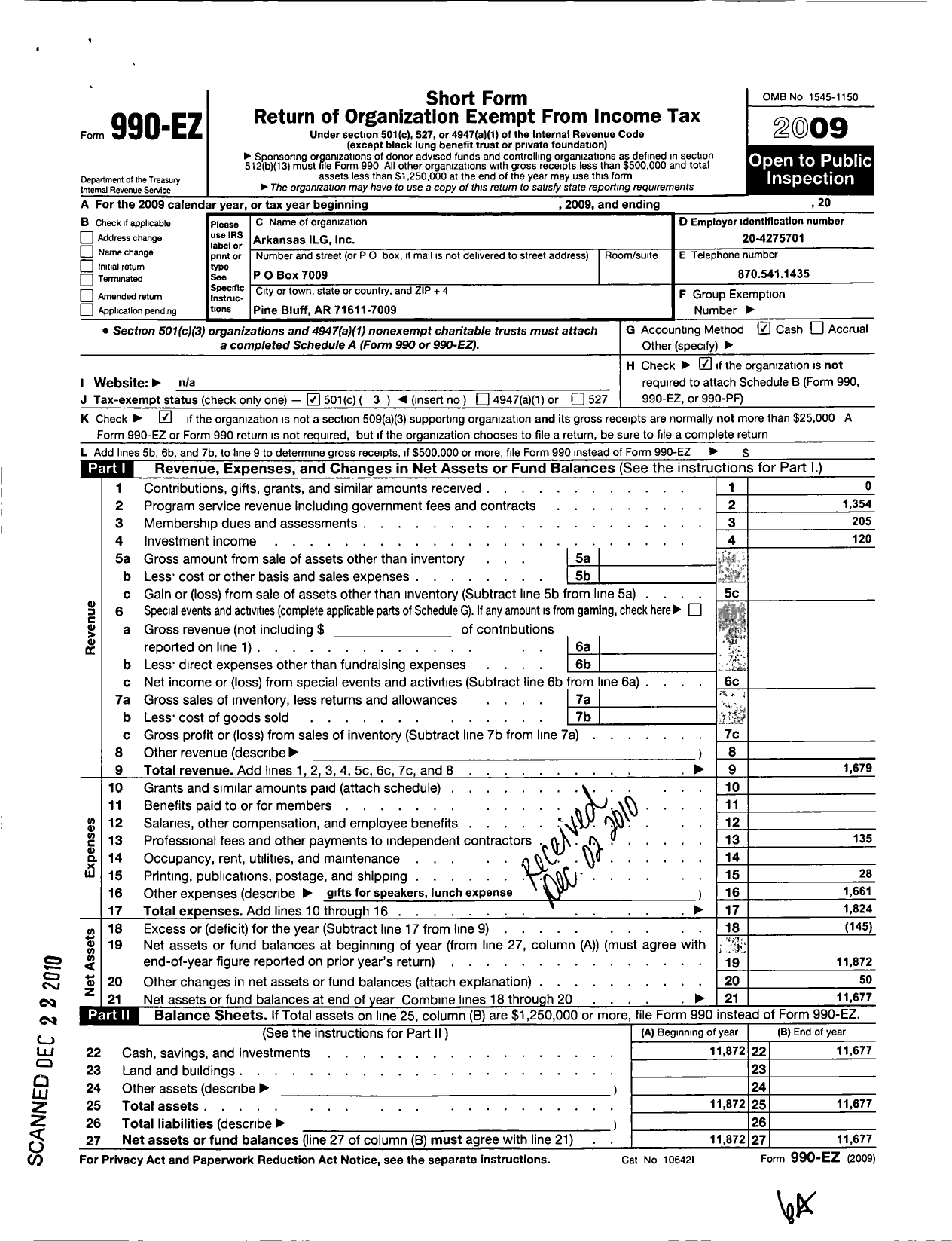 Image of first page of 2009 Form 990EZ for Arkansas Ilg