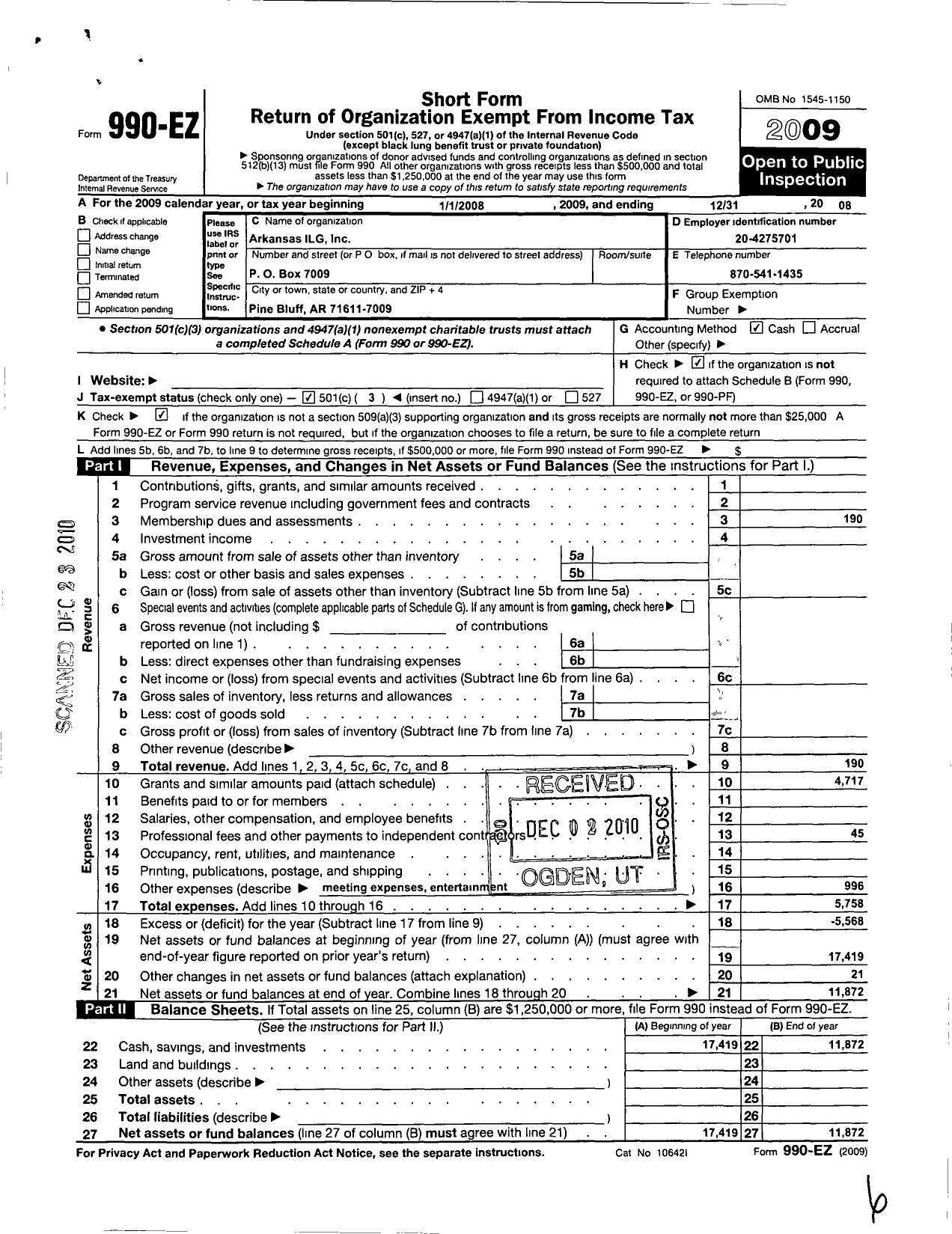 Image of first page of 2008 Form 990EZ for Arkansas Ilg